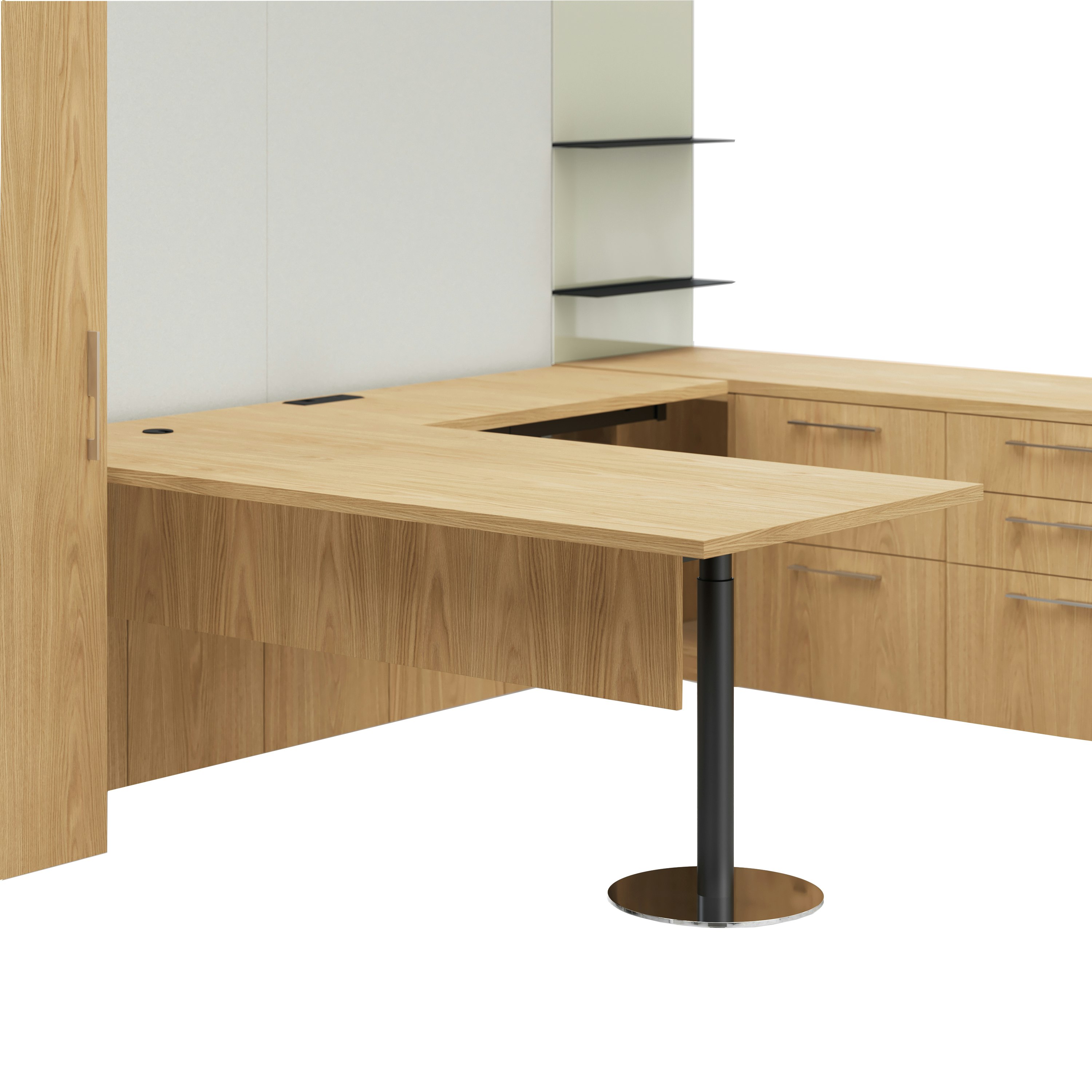 Detail shot of the Geiger One Casegoods disc foot leg option with a black column and chrome foot in a Natural Flat Cut Oak private office.