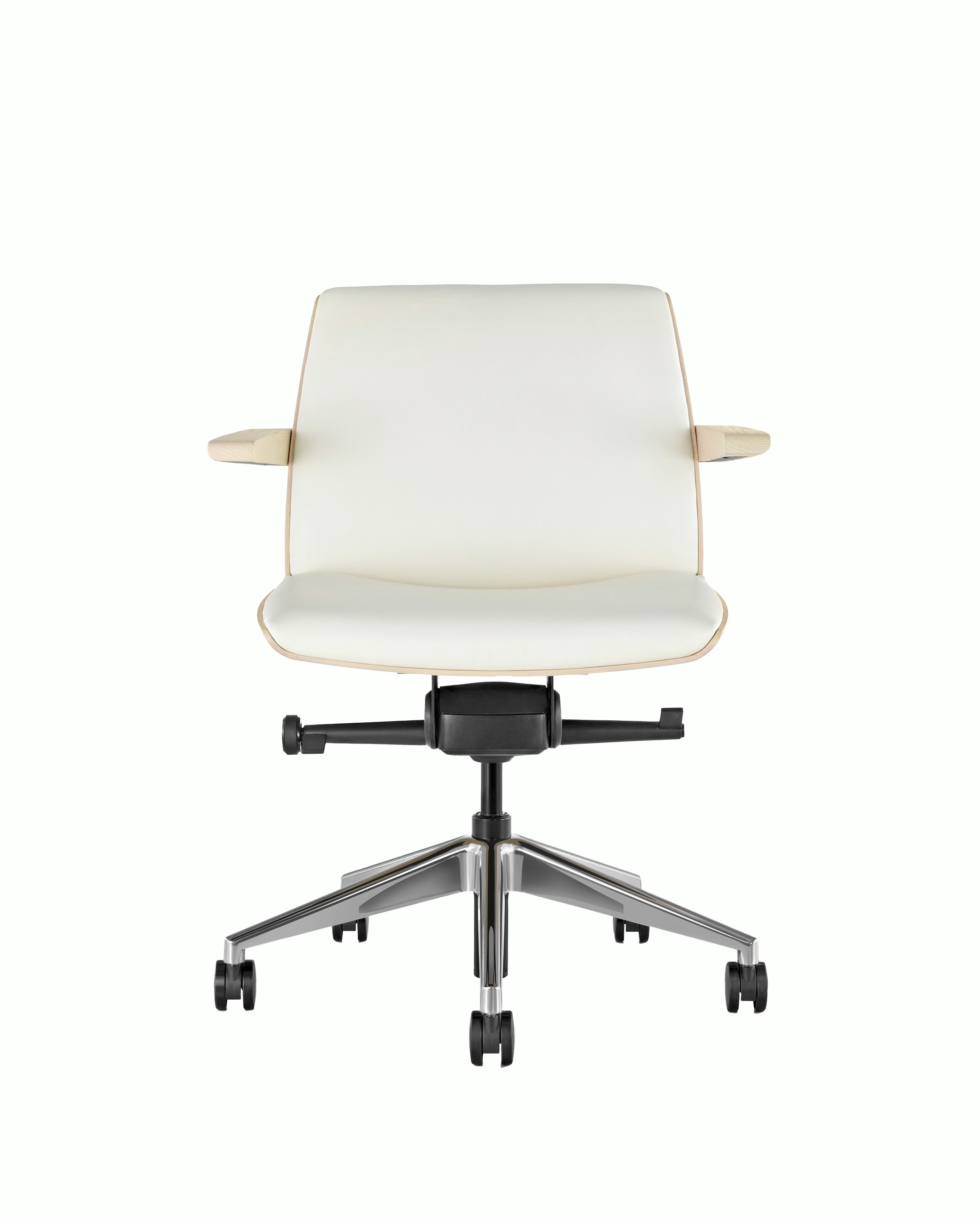 Front view of a low-back Clamshell Conference chair with off-white upholstery, a light-ash shell, with arms.