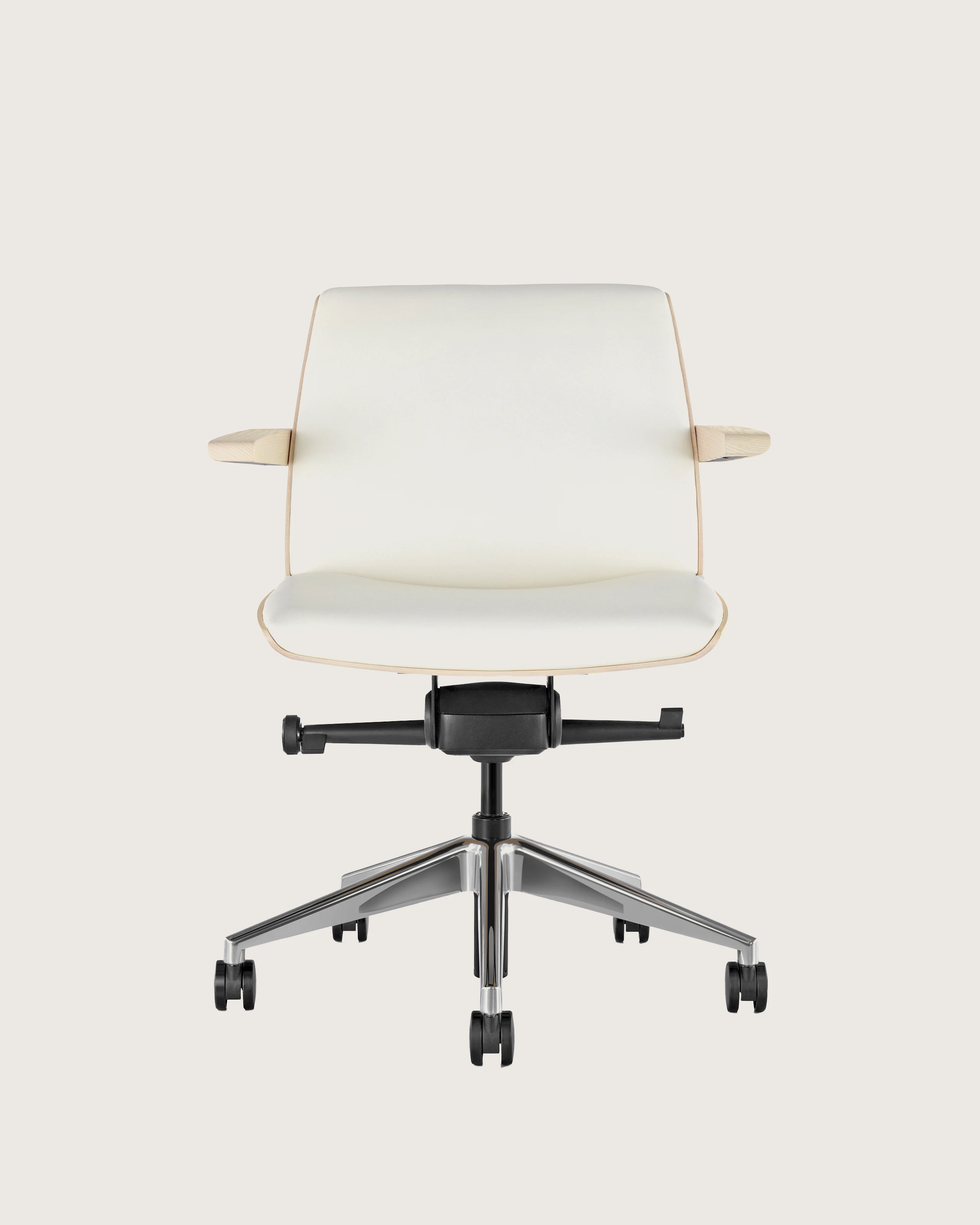 Front view of a low-back Clamshell Conference chair with off-white upholstery, a light-ash shell, with arms.