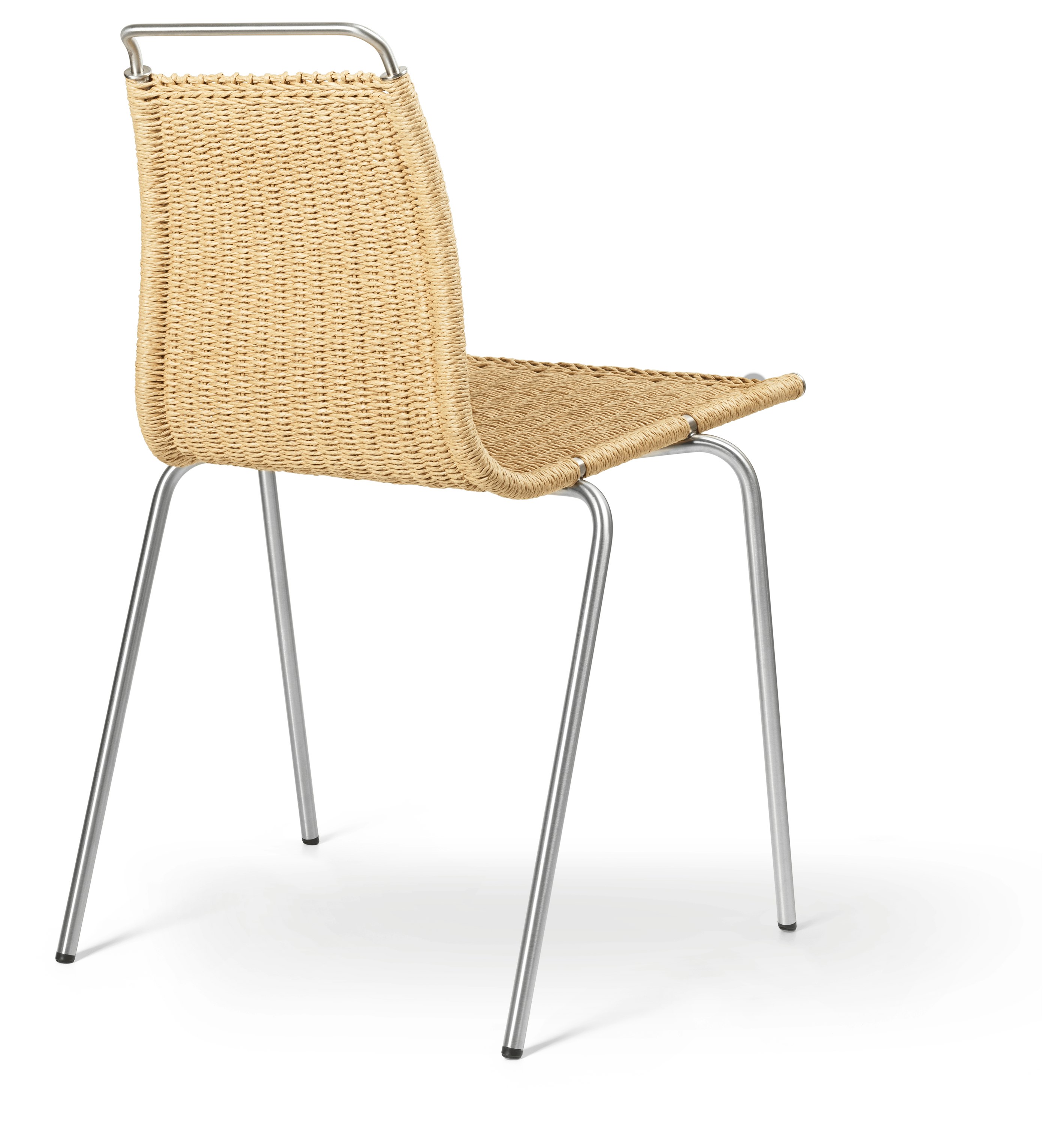 A PK1 Side Chair in Stainless Steel Papercord Natural viewed from behind.