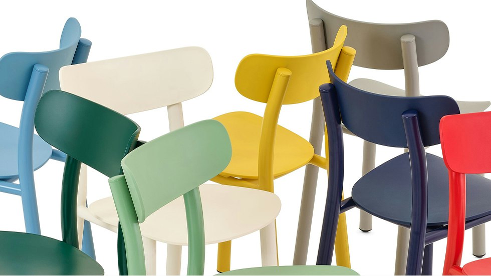 A multicolored grouping of Lotti Chairs by NaughtOne.