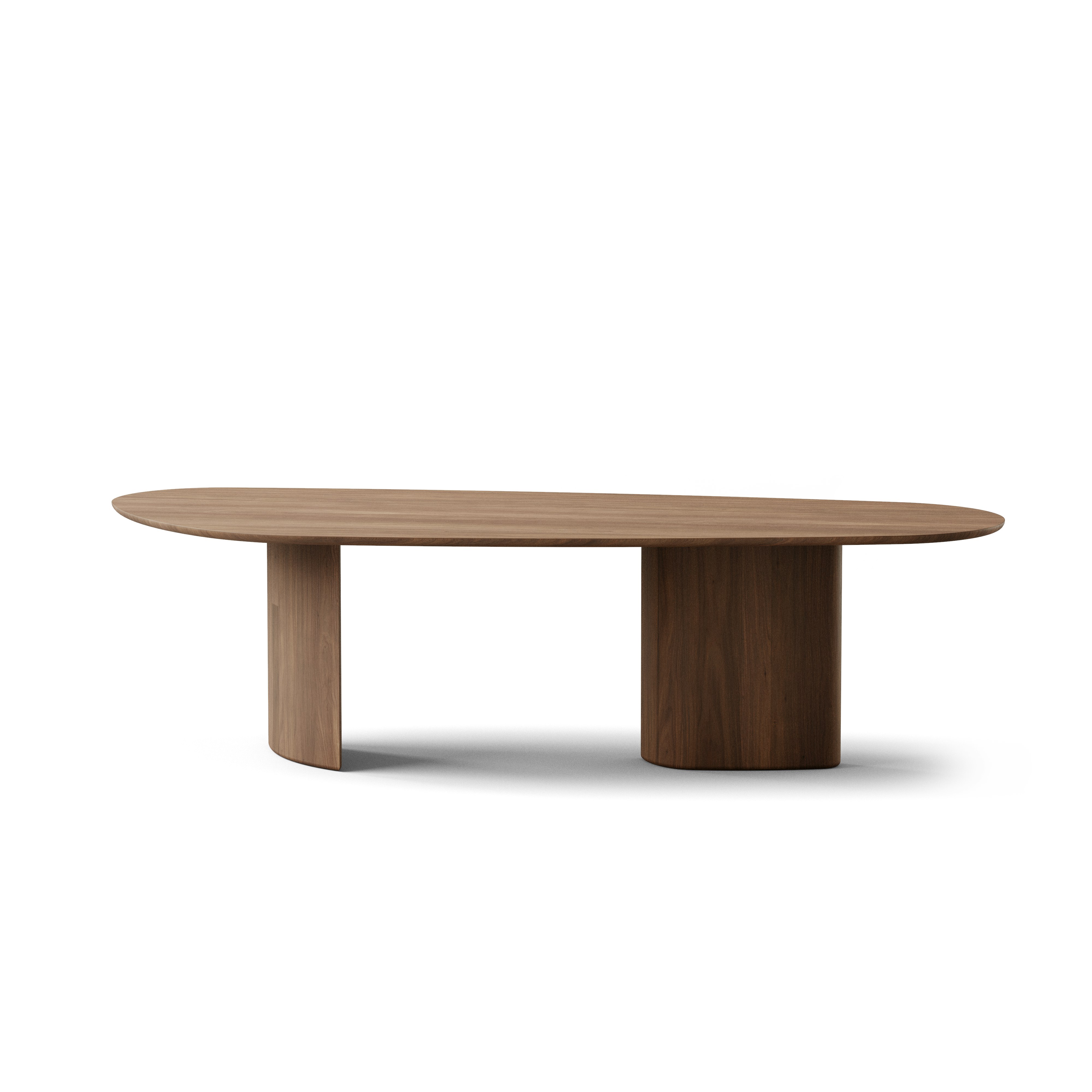 A Tangent Dining Table in Walnut viewed from the front.
