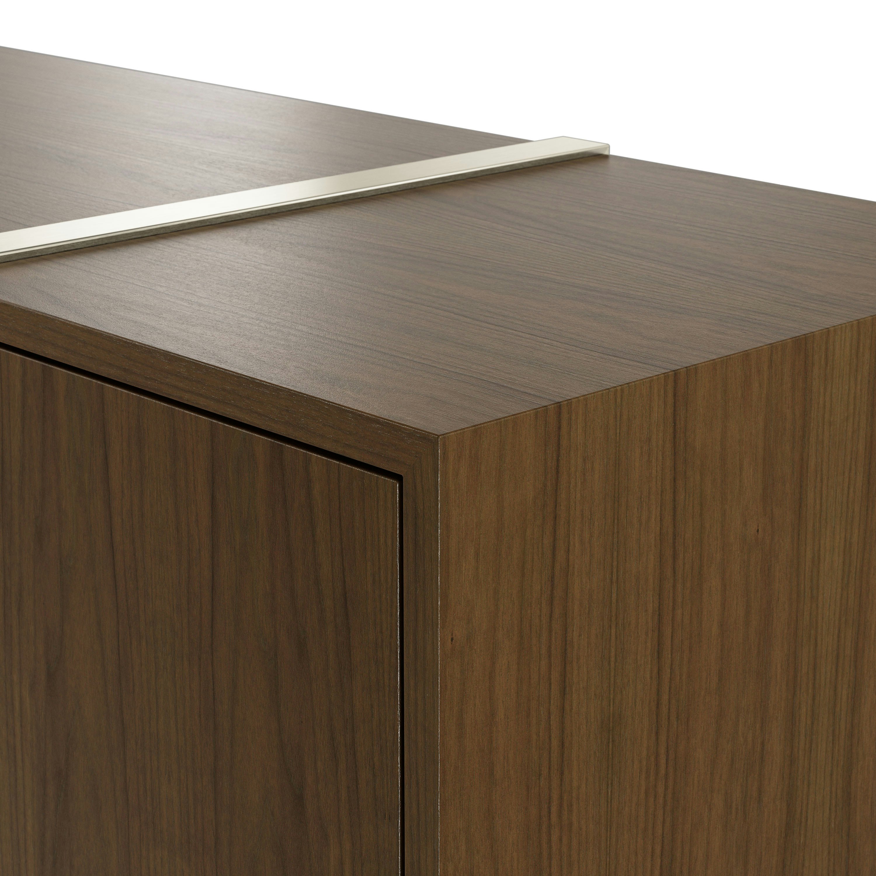 Edge detail shot of Highline Credenza in Natural Flat Cut Walnut with Satin Nickel Legs.