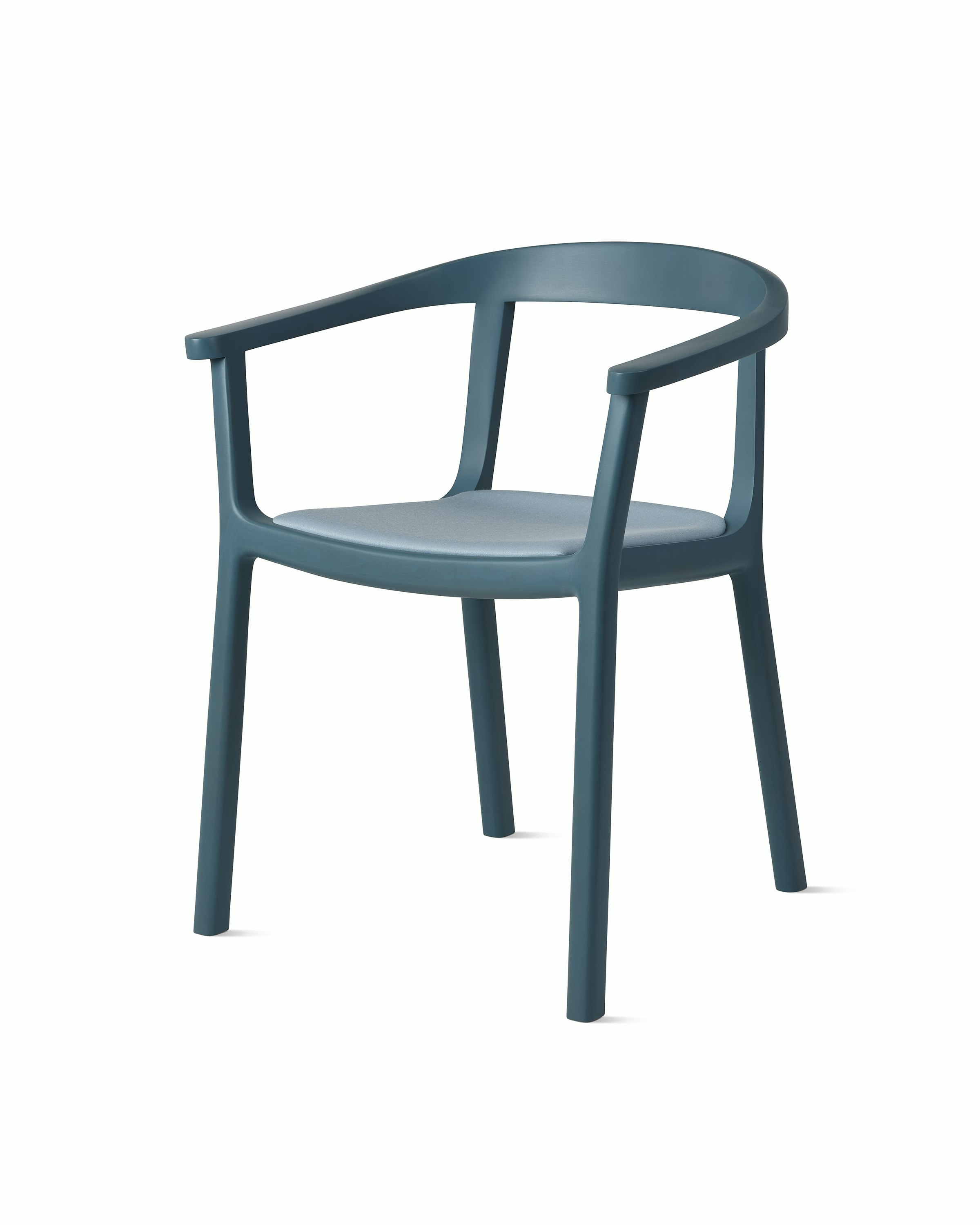 Lijn Armchair by Carole Baijings for Geiger in Nordic Blue frame upholstered with Maharam Valor in Alfresco, angled front view on a white sweep.