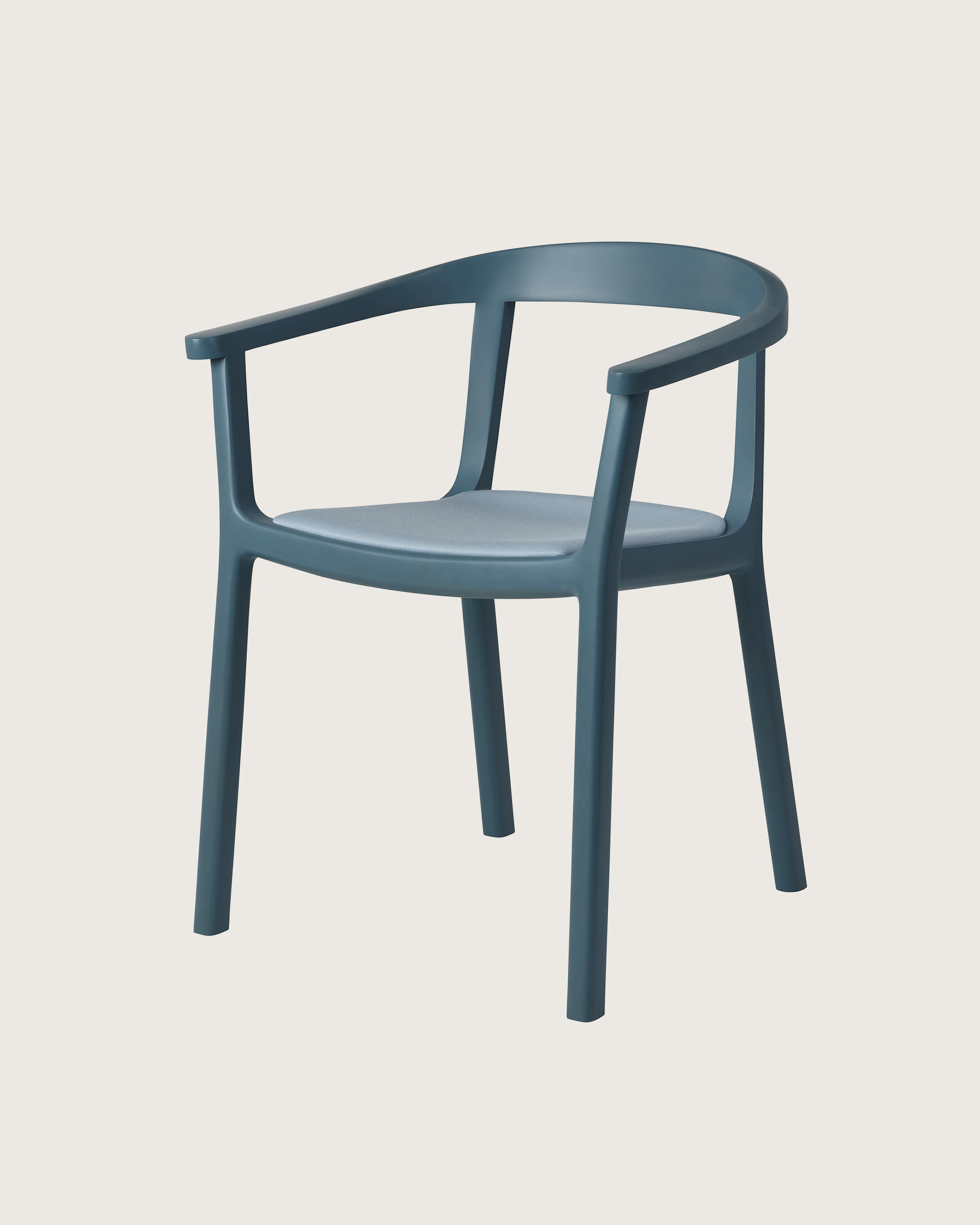Lijn Armchair by Carole Baijings for Geiger in Nordic Blue frame upholstered with Maharam Valor in Alfresco, angled front view on a white sweep.