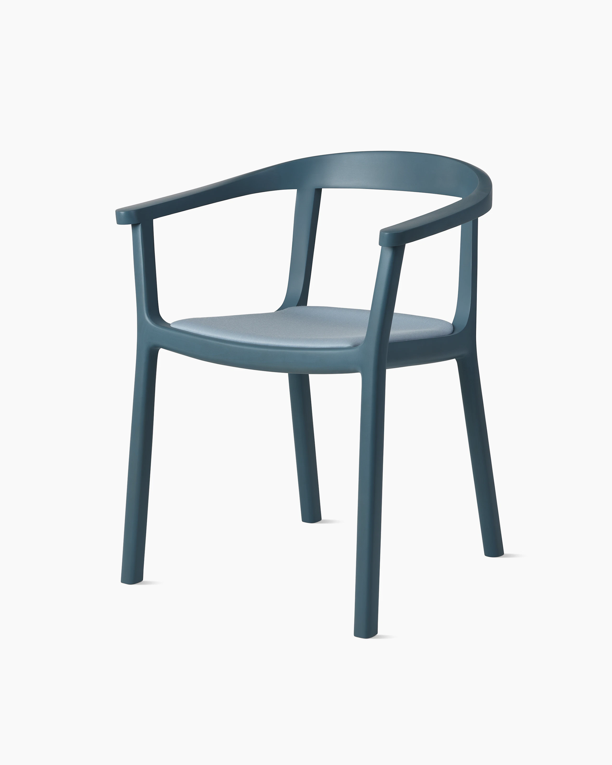 Lijn Armchair by Carole Baijings for Geiger in Nordic Blue frame upholstered with Maharam Valor in Alfresco, angled front view on a white sweep.