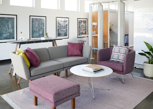 rockwell unscripted creative wall perforated steel pivot fins semi enclosed rooms team meeting lounge tall table drink modular lounge sofa club chair wire base occasional table coffee table petite square ottoman wood legs markerboard muuto ply rug