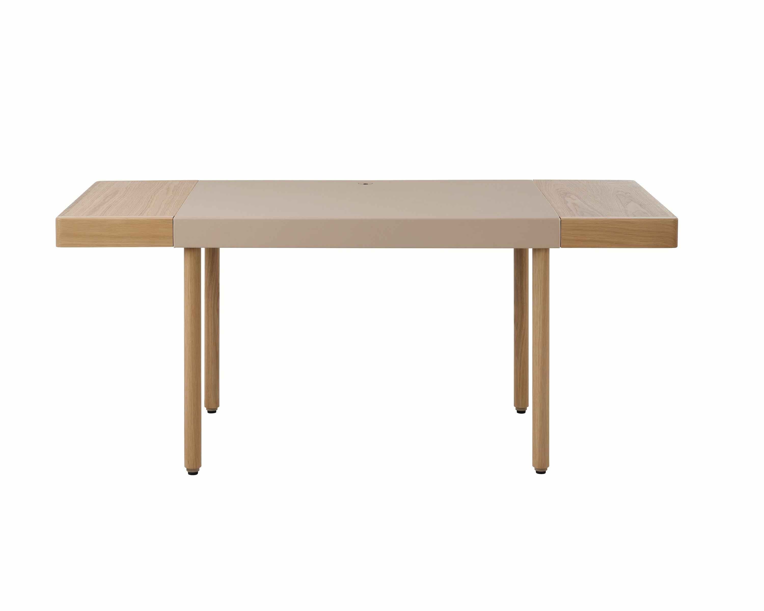 New Canaan Leatherwrap Sit-to-Stand Desk in Oak and Champagne Leather, two drawers, front view.