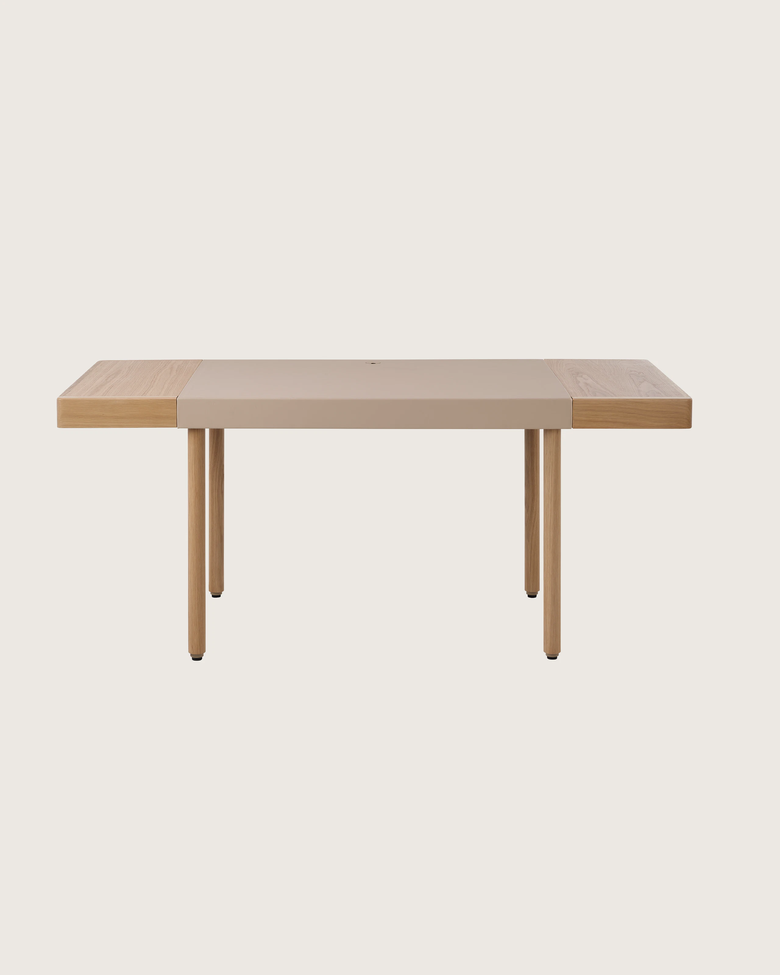 New Canaan Leatherwrap Sit-to-Stand Desk in Oak and Champagne Leather, two drawers, front view.