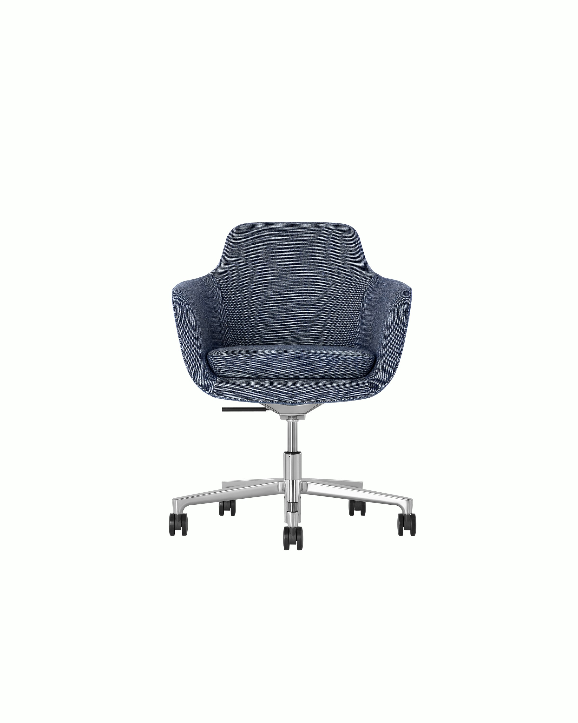 A Saiba Chair with light blue upholstery and casters, viewed from the front.