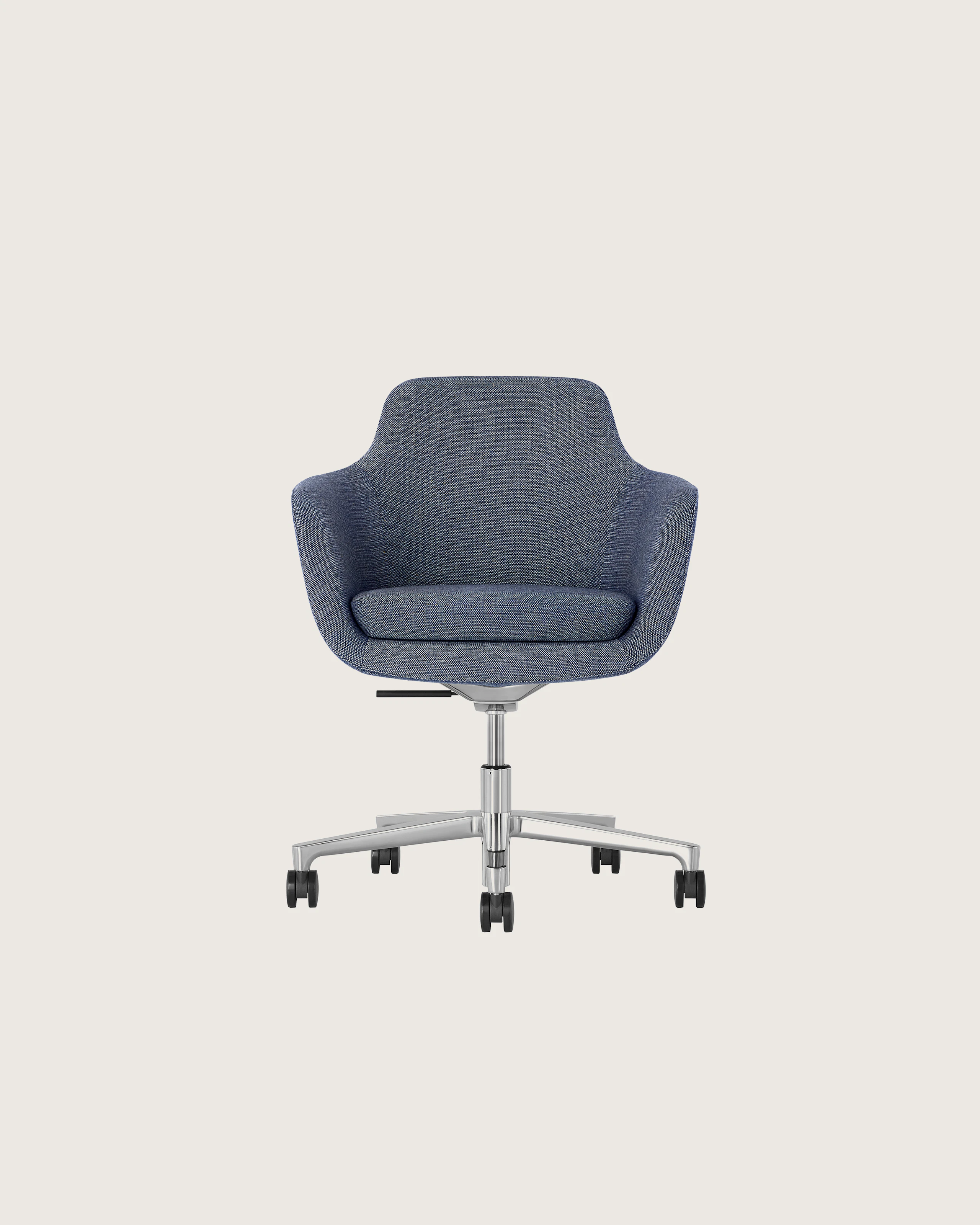 A Saiba Chair with light blue upholstery and casters, viewed from the front.
