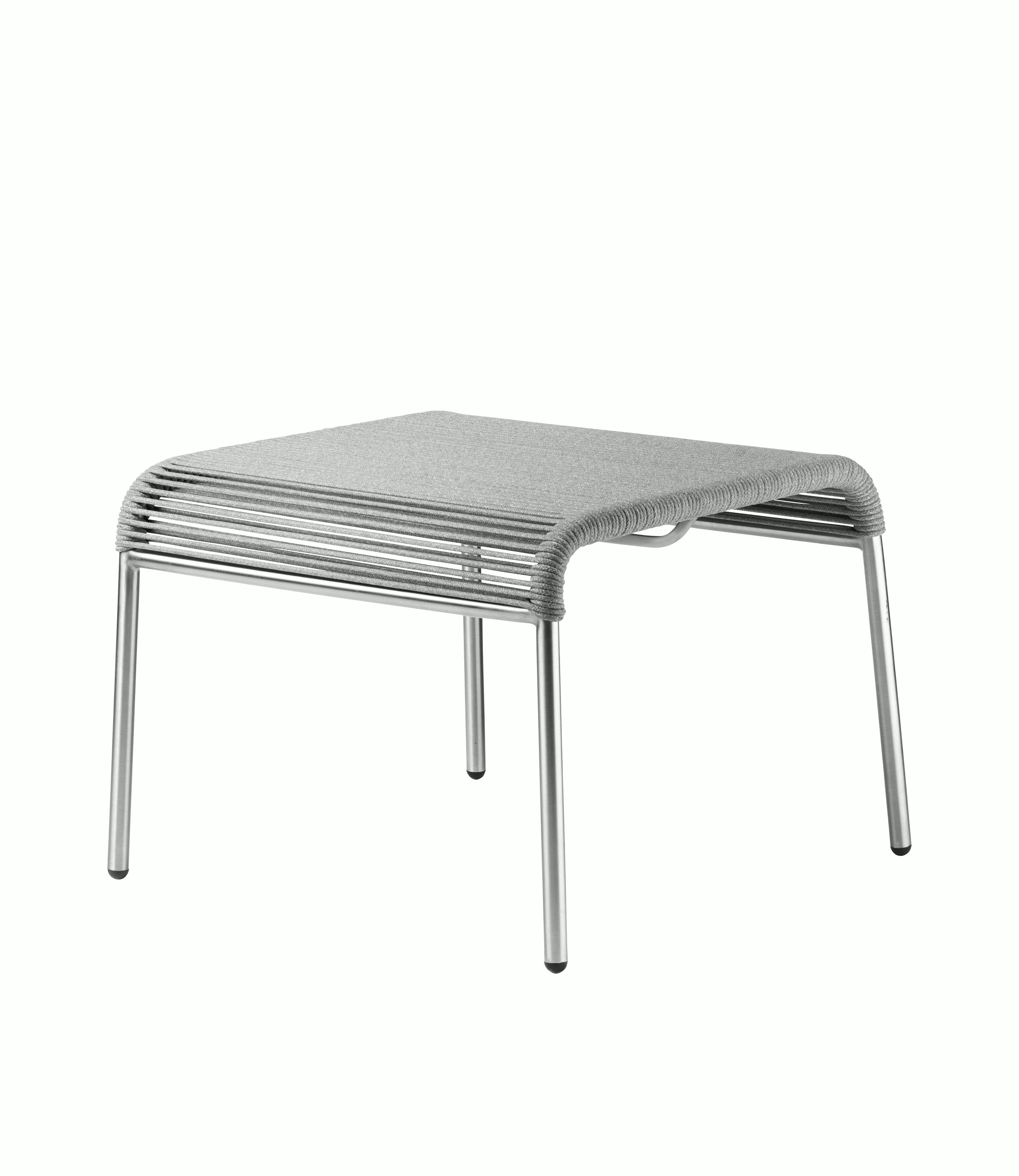 A Teglgaard Outdoor Ottoman in Light Grey viewed from an angle.