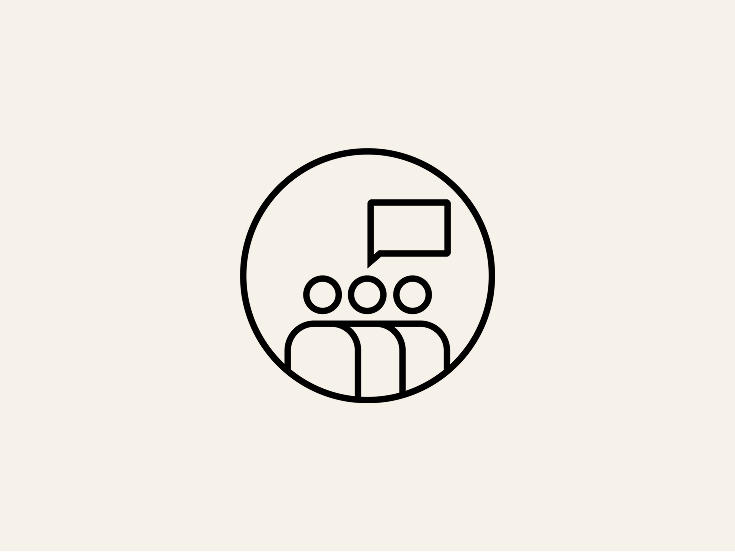 Black line symbol of three people with a speech bubble.