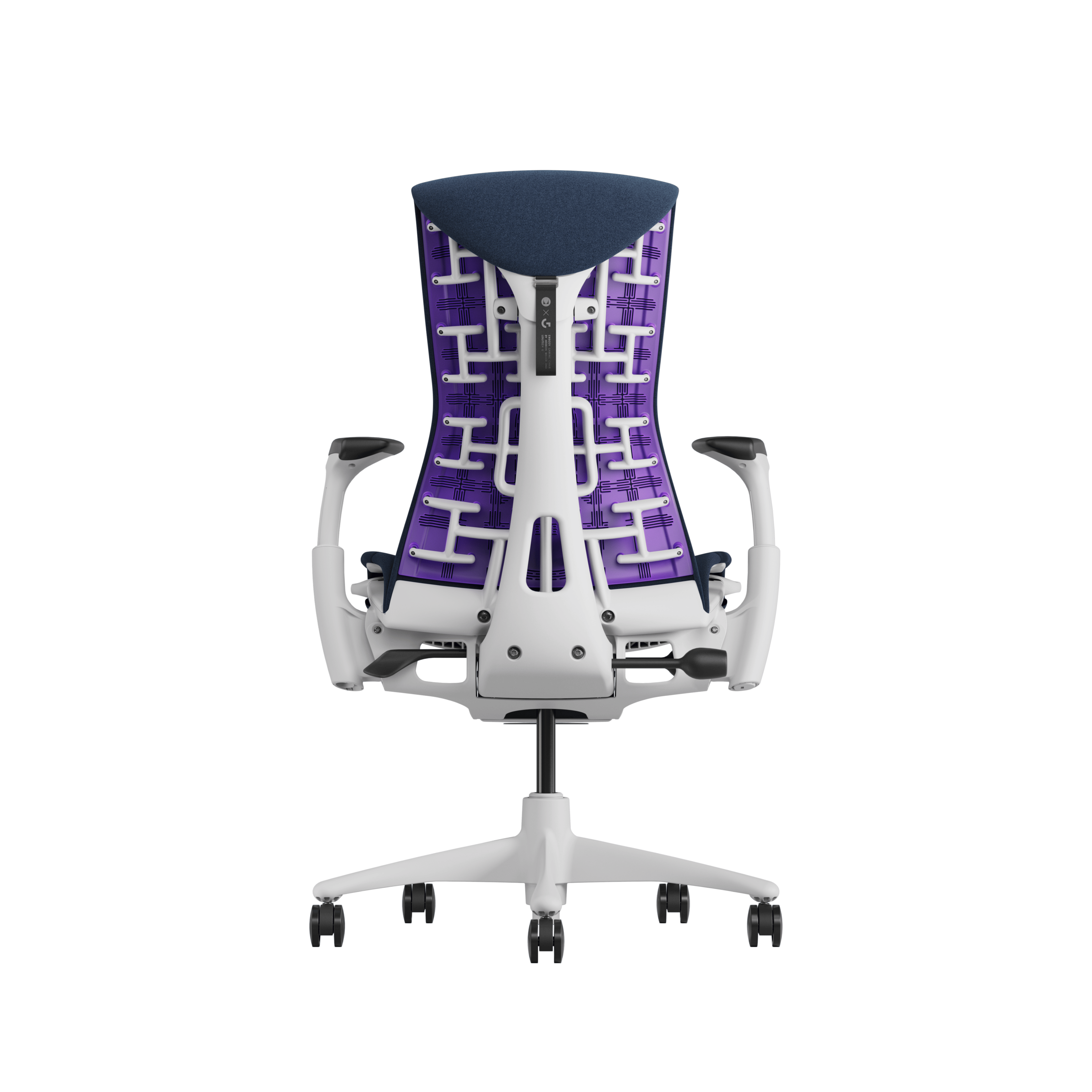 Embody Gaming Chair in White, Nightfall and Nova viewed from the back