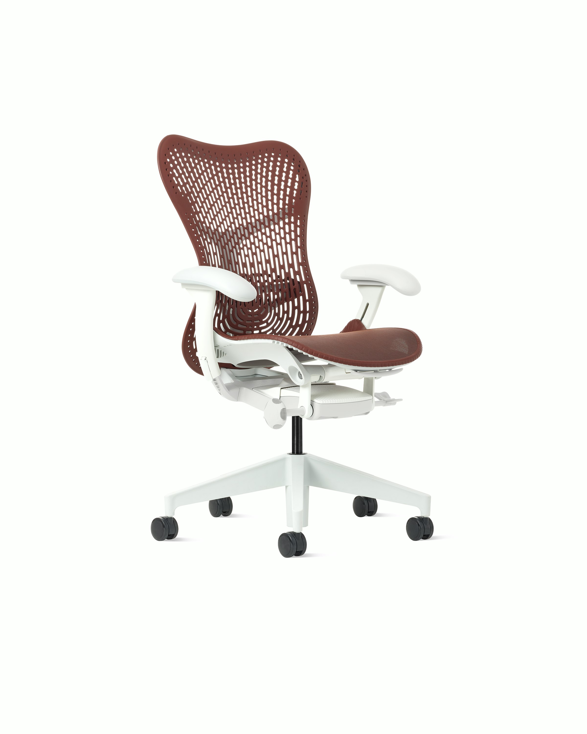 Front angle view of a Mirra 2 chair with Trflex back in cordovan and an alpine frame