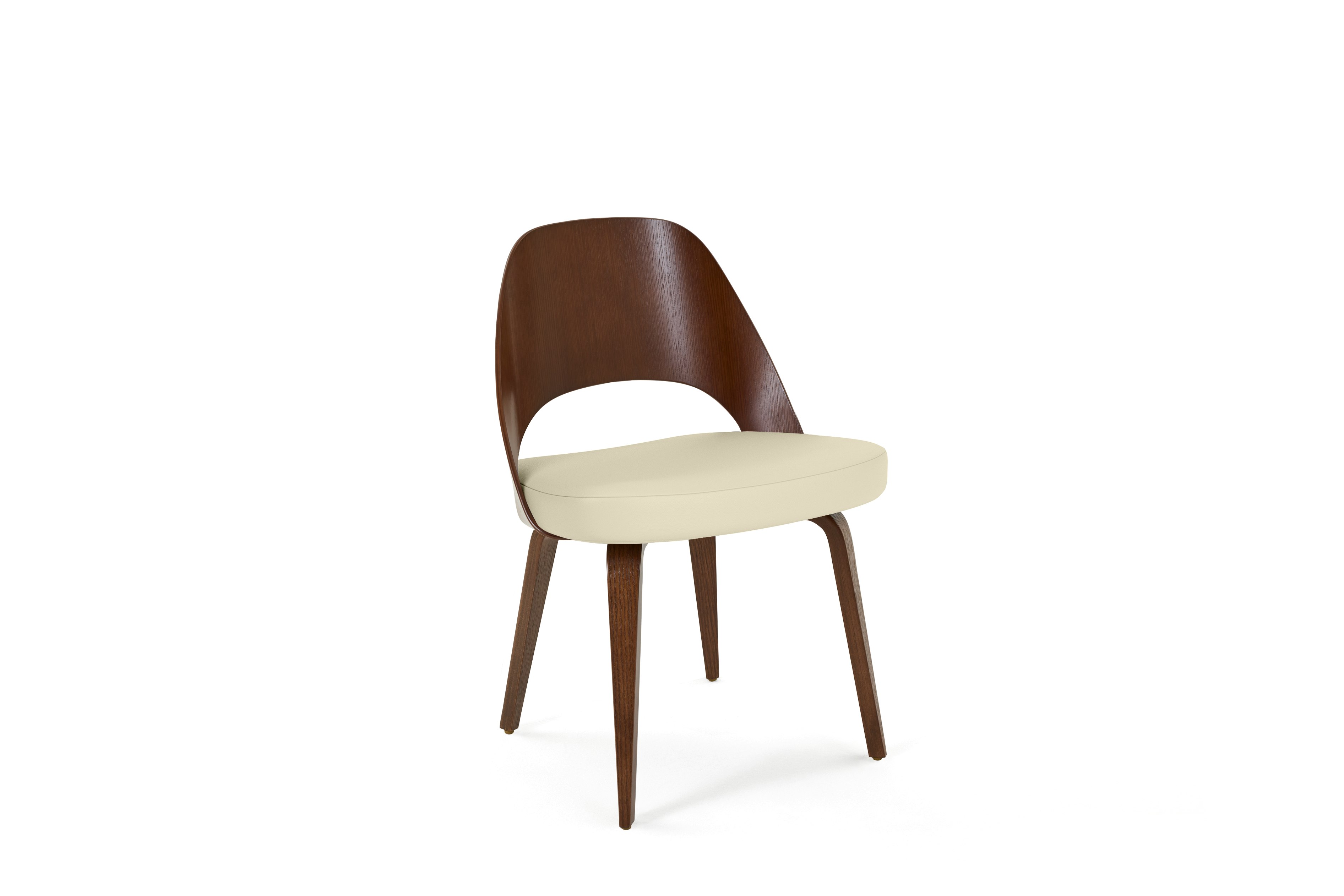 A Saarinen Executive Veneer Back Side Chair in acqua leather ivory light walnut viewed from an angle.