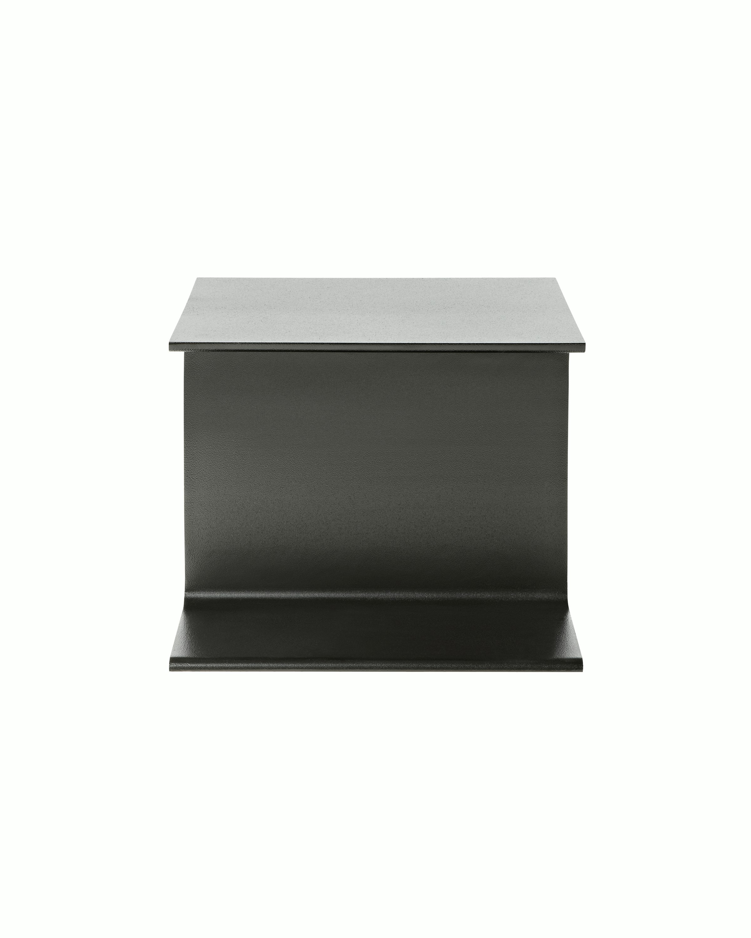 A black I Beam side table, oriented to display the cast-aluminum pedestal's central section.