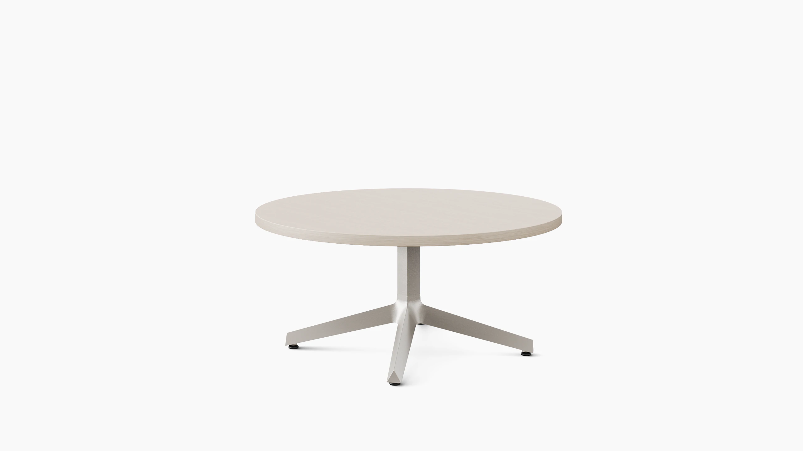 A three leg occasional table is shown in a light color veneer and light paint on the base.