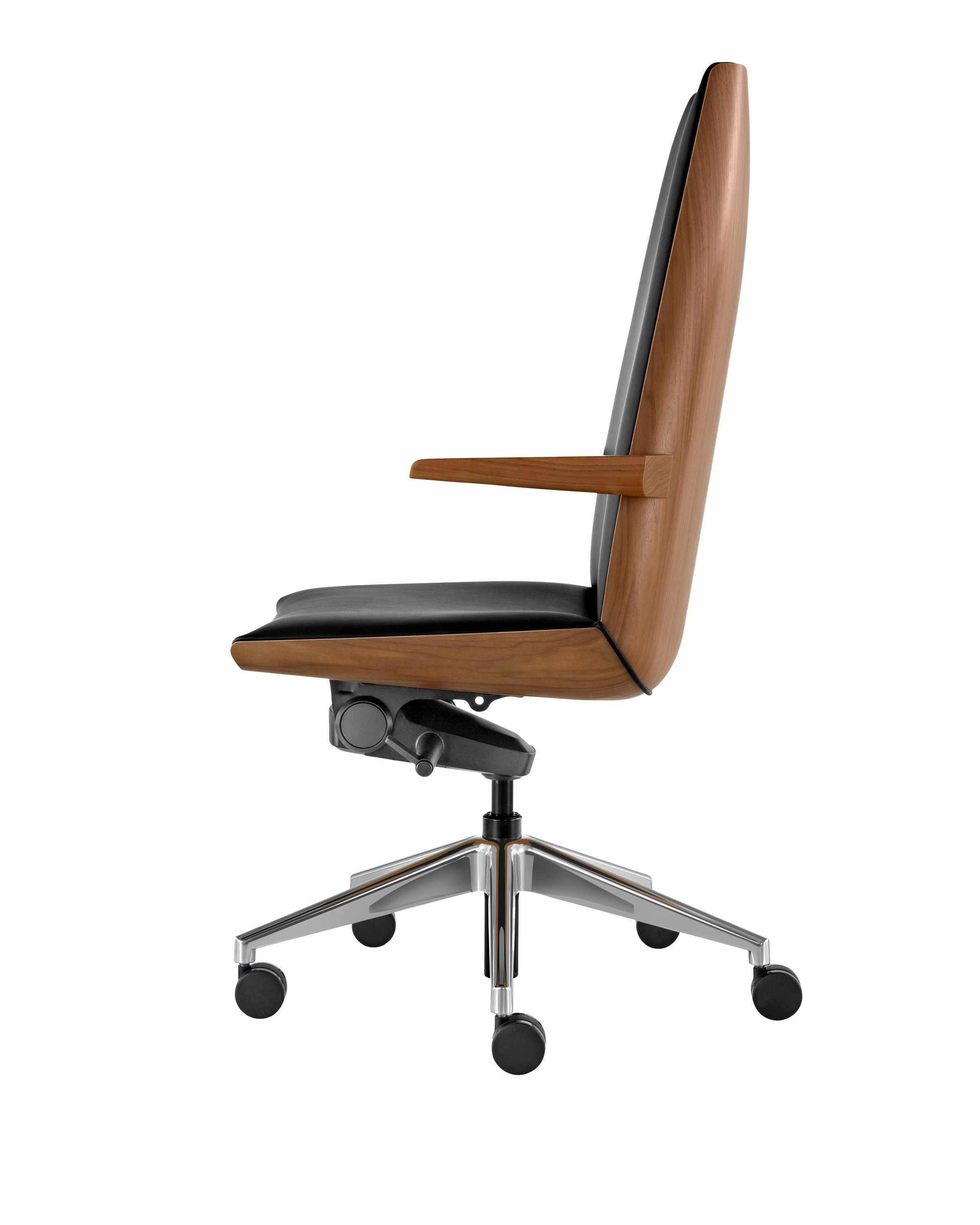 Side view of a Clamshell Conference chair, showing a black leather seat and veneer shell.