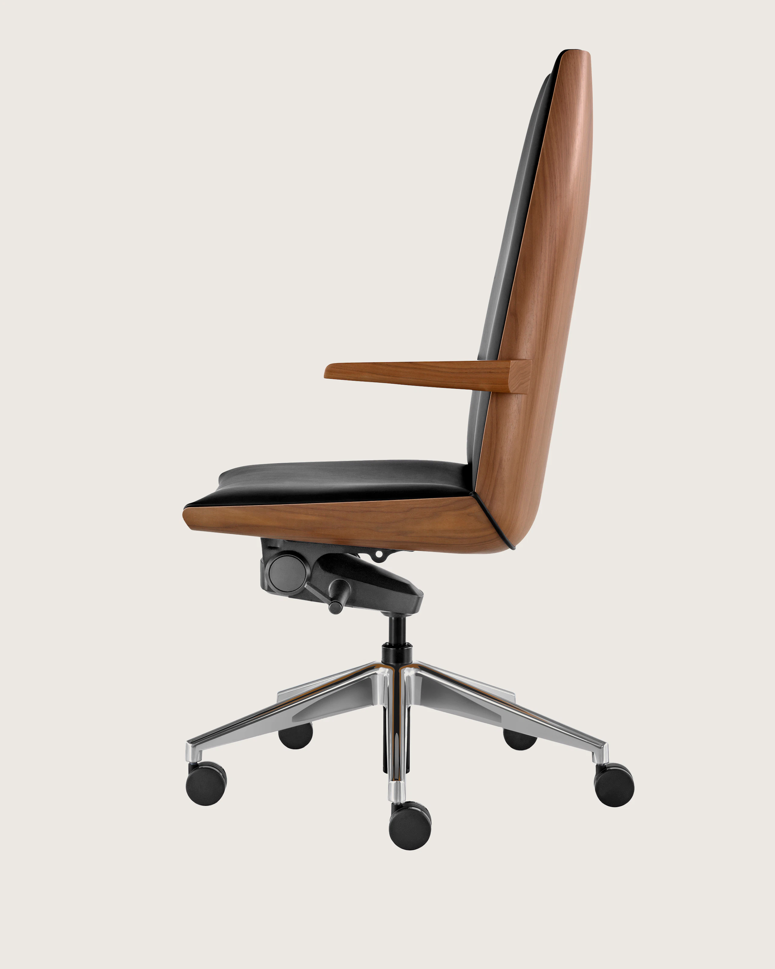 Side view of a Clamshell Conference chair, showing a black leather seat and veneer shell.