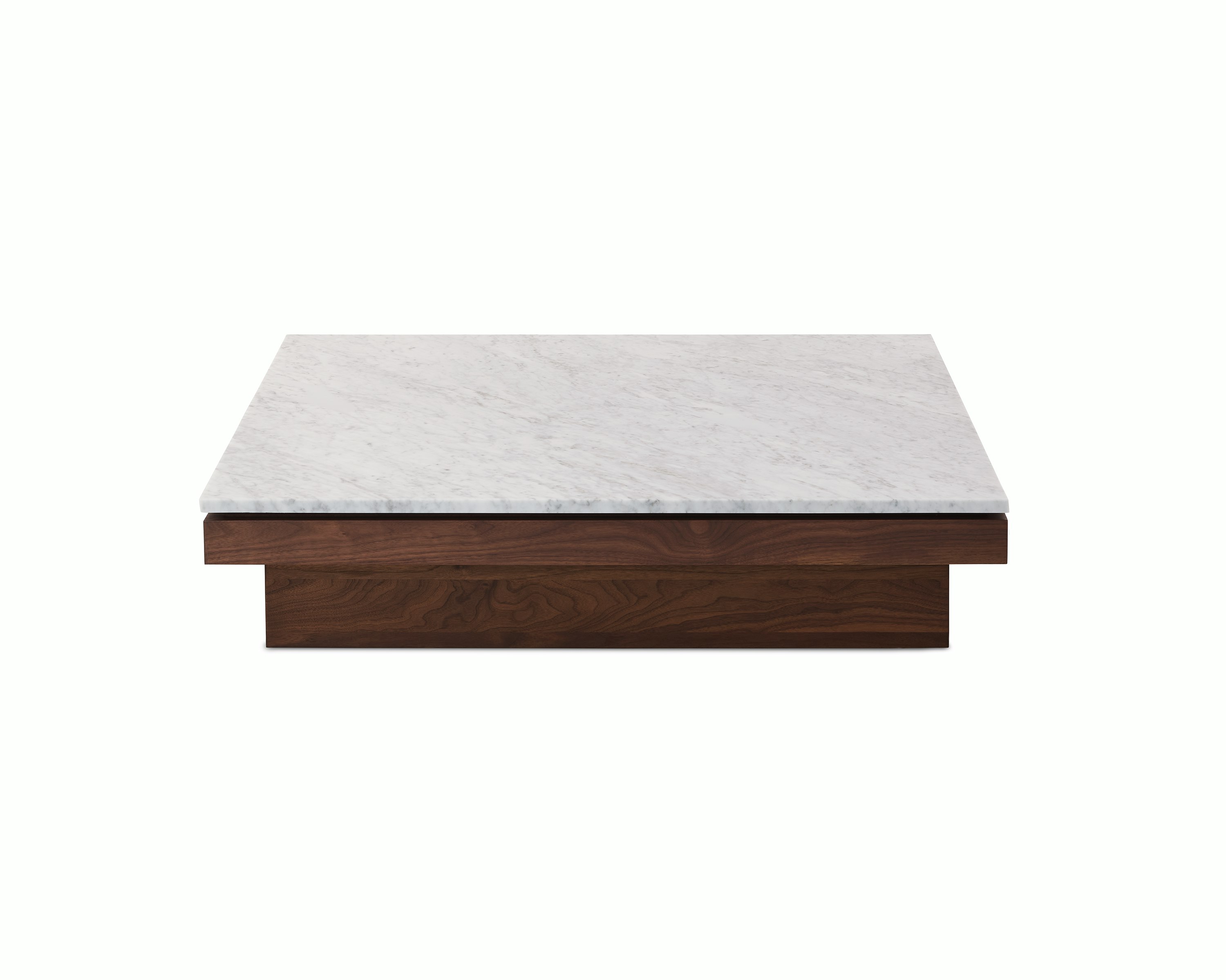 Pawson Drift Coffee Table with walnut base and white marble top, viewed from the front.