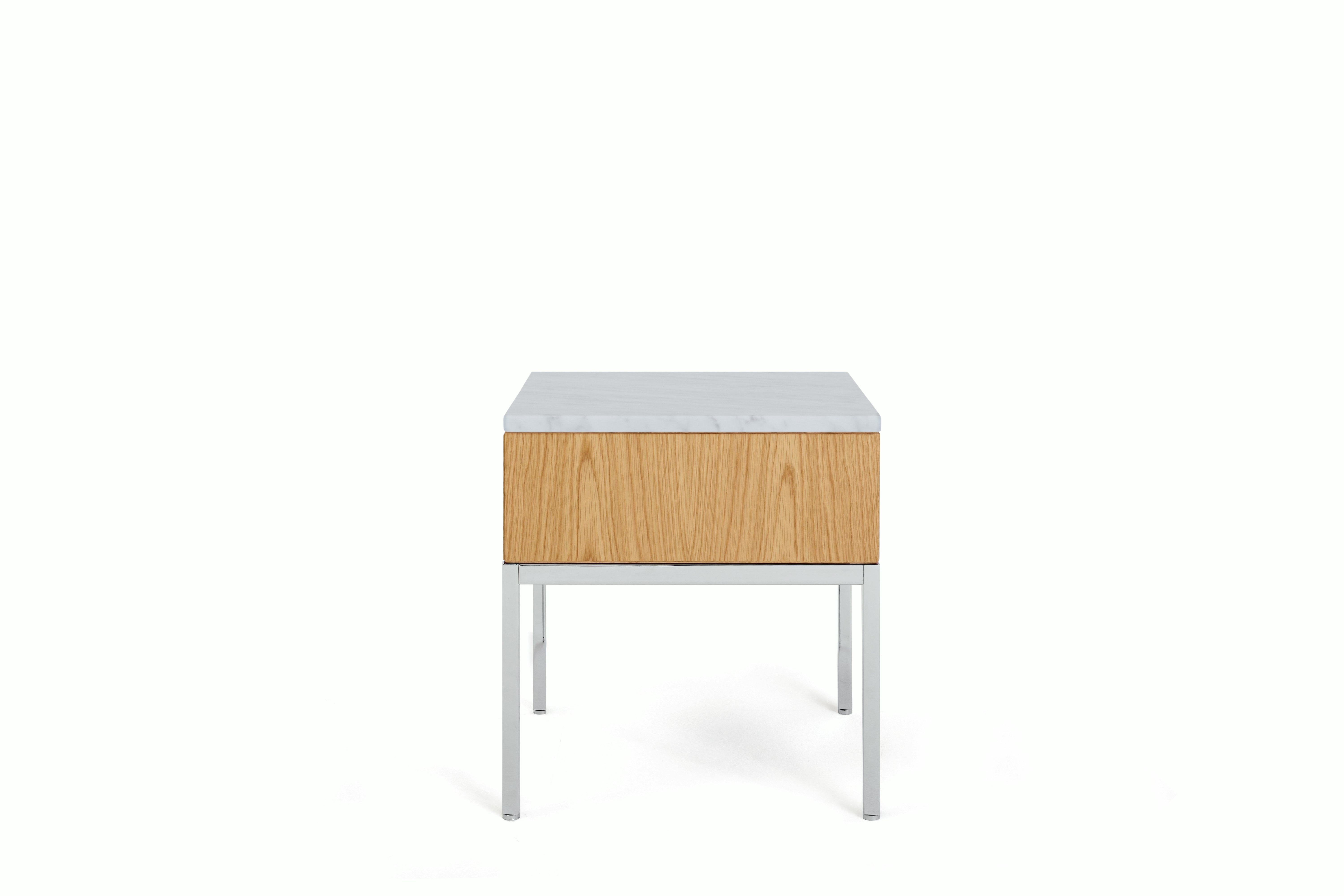 A Knoll Chermayeff Side Table in Oak, Carrara Satin Coated Marble viewed from the front.