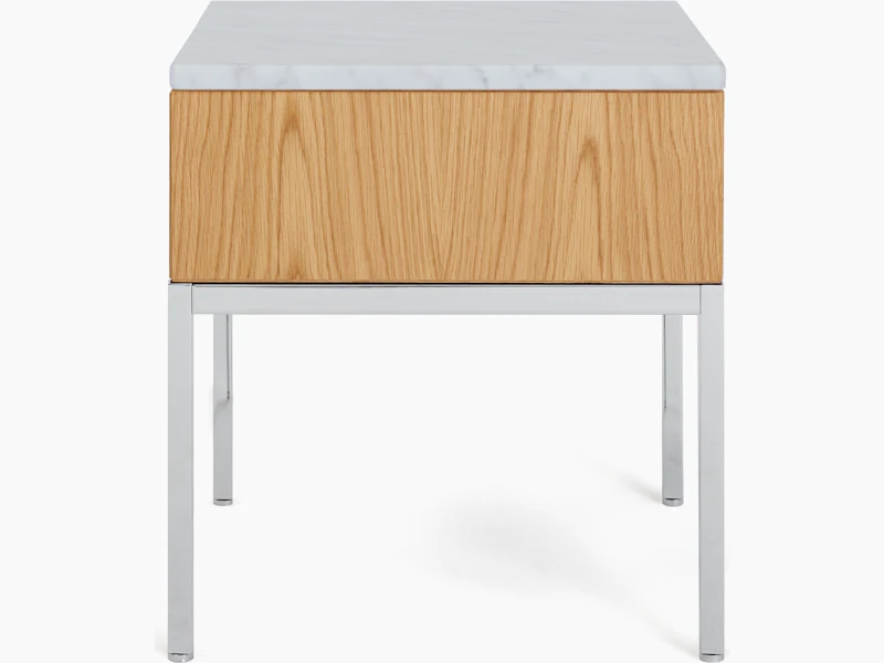 A Knoll Chermayeff Side Table in Oak, Carrara Satin Coated Marble viewed from the front.
