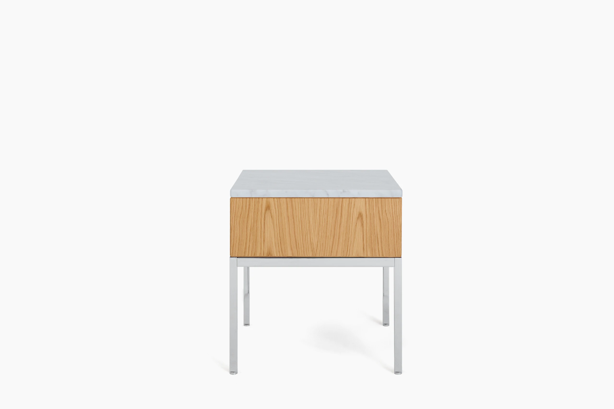 A Knoll Chermayeff Side Table in Oak, Carrara Satin Coated Marble viewed from the front.