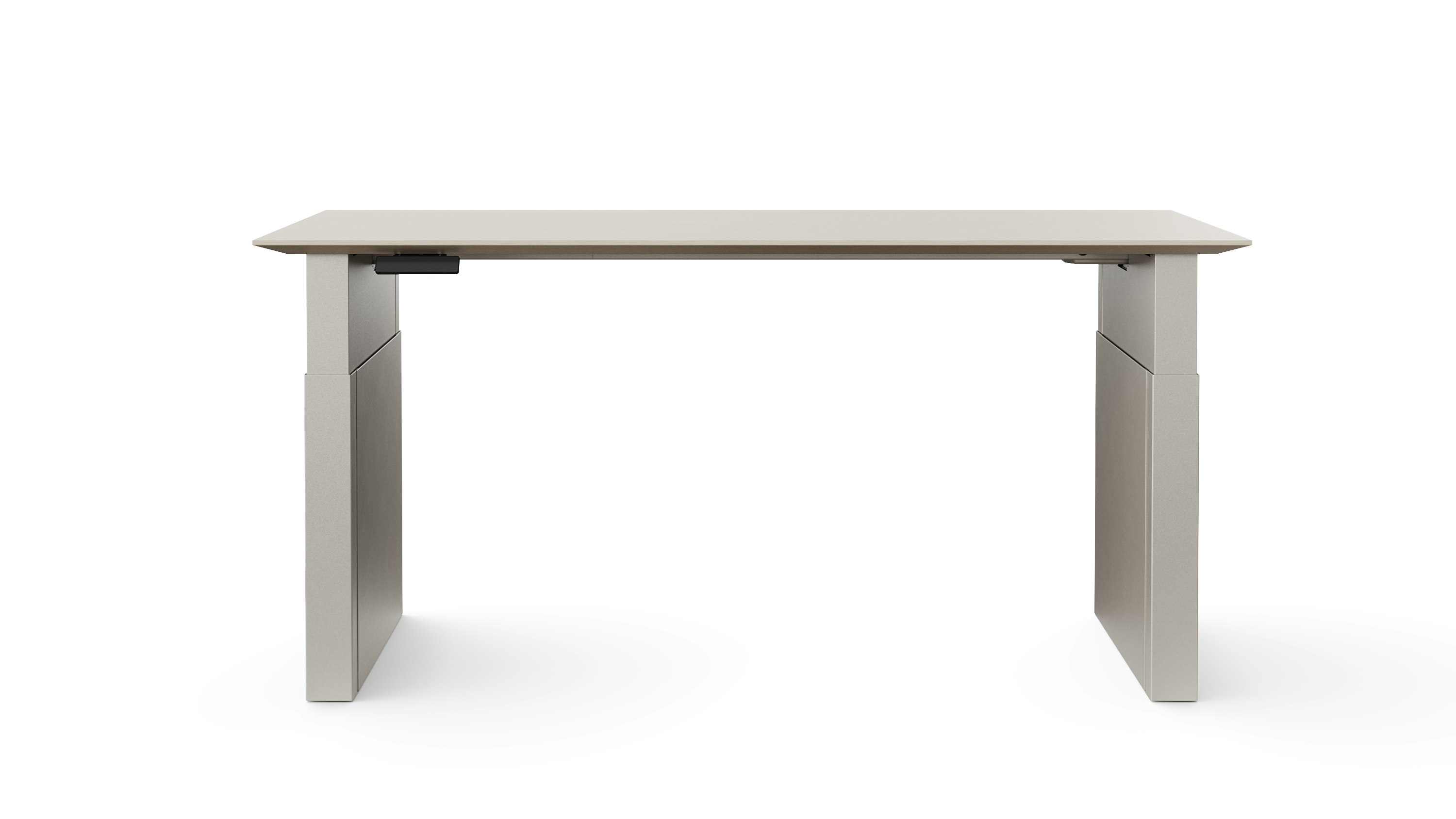 A height adjustable table with shrouded legs is shown in light finishes.
