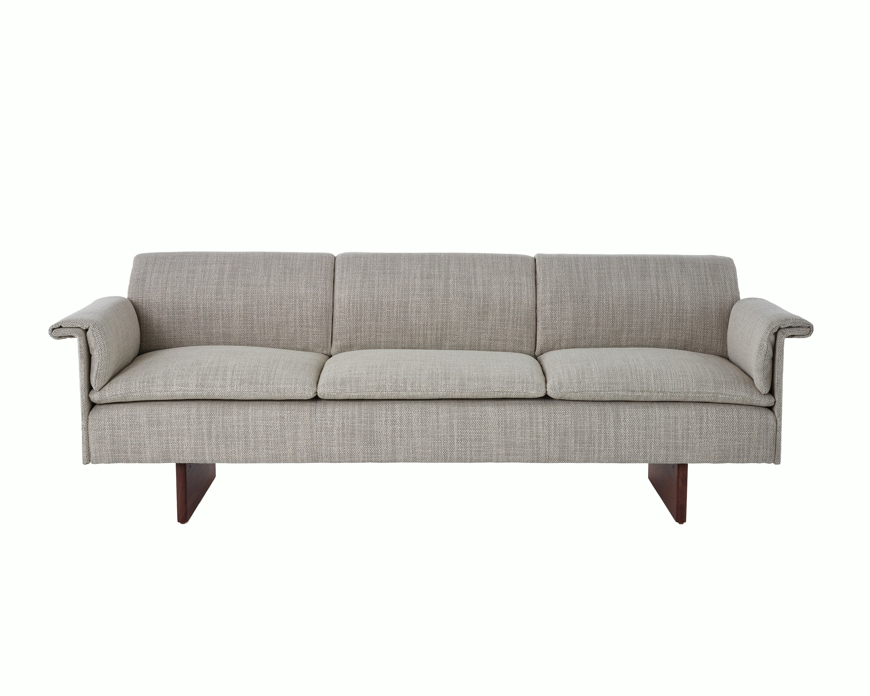 Mantle Three Seater Sofa in Capri Stone with Walnut Wood Base, viewed from the front.