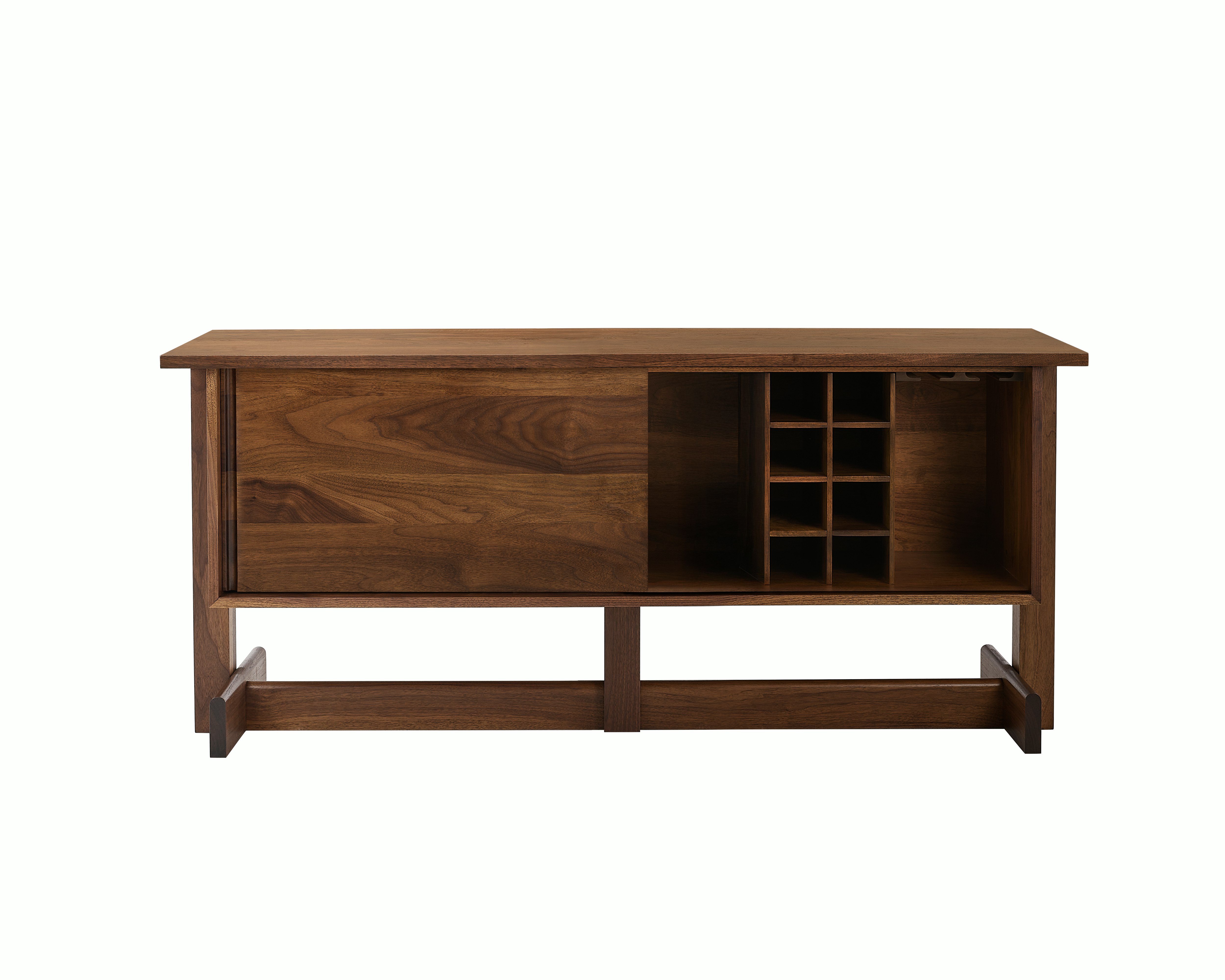 Land Storage Credenza 66 With Bottle & Glass Storage in Walnut viewed from the front