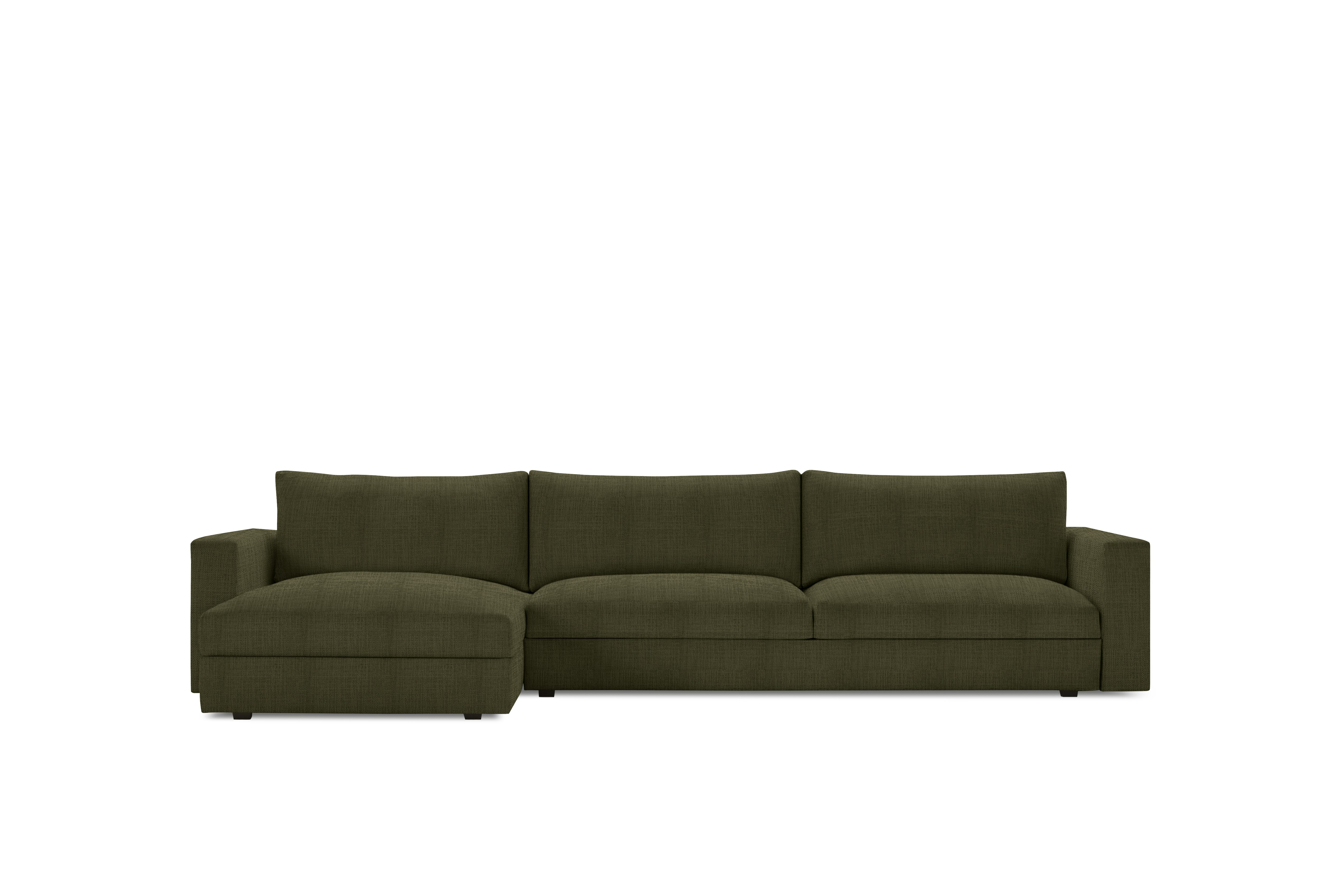 A Reid Sleeper Storage Sectional in Pebble Weave Militare viewed from the front.