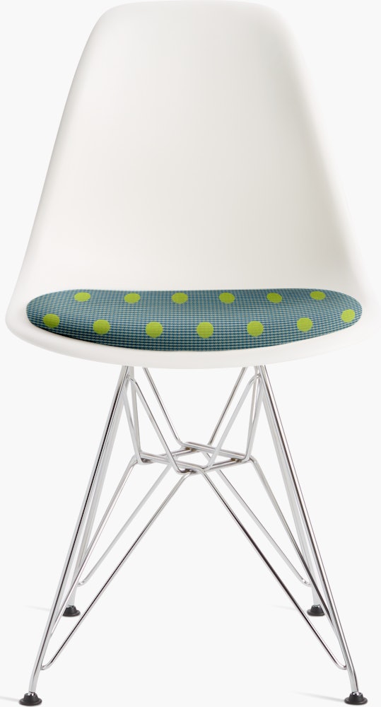 Eames Molded Recycled Plastic in White with Maharam Dots Carambola and Wire Base