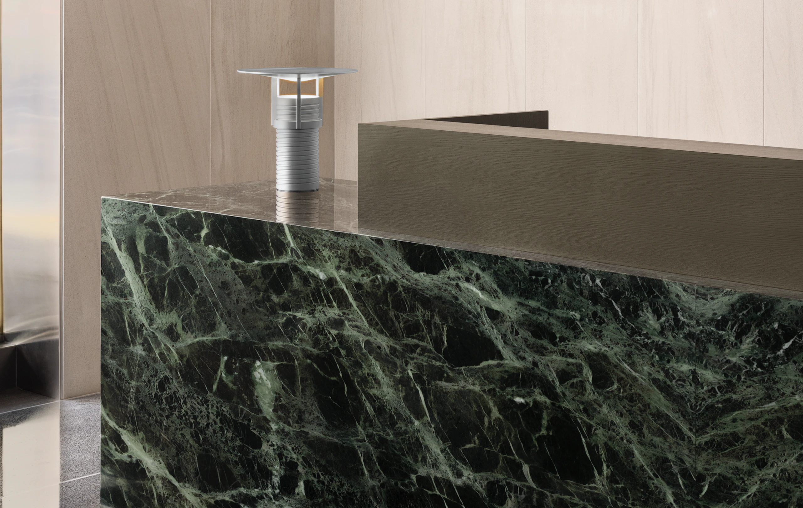 Custom green marble table by Geiger for MillerKnoll in the 251 NY, MillerKnoll Showroom