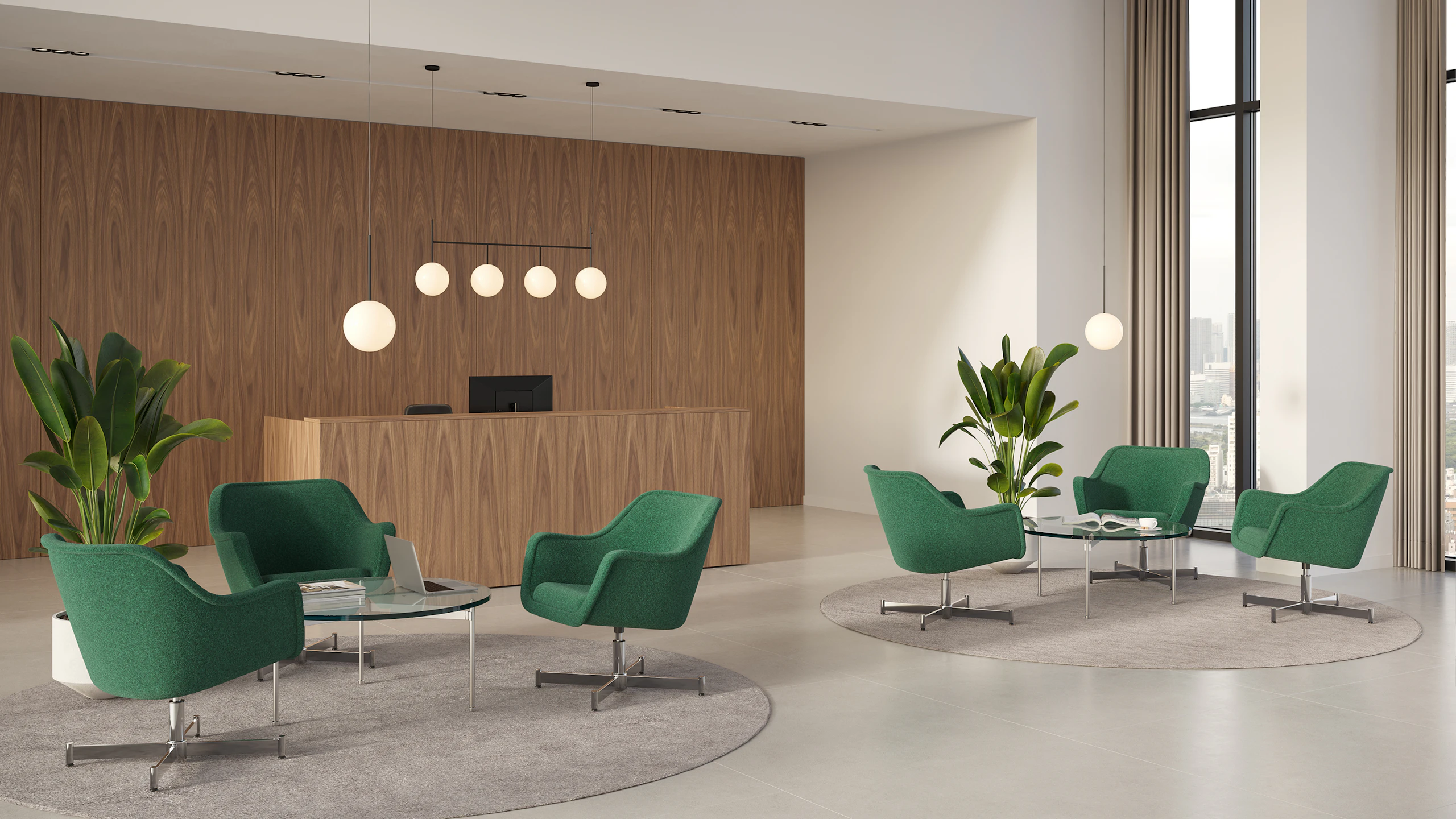 Bumper Lounge Chairs in a lobby setting with Geiger One reception desk.