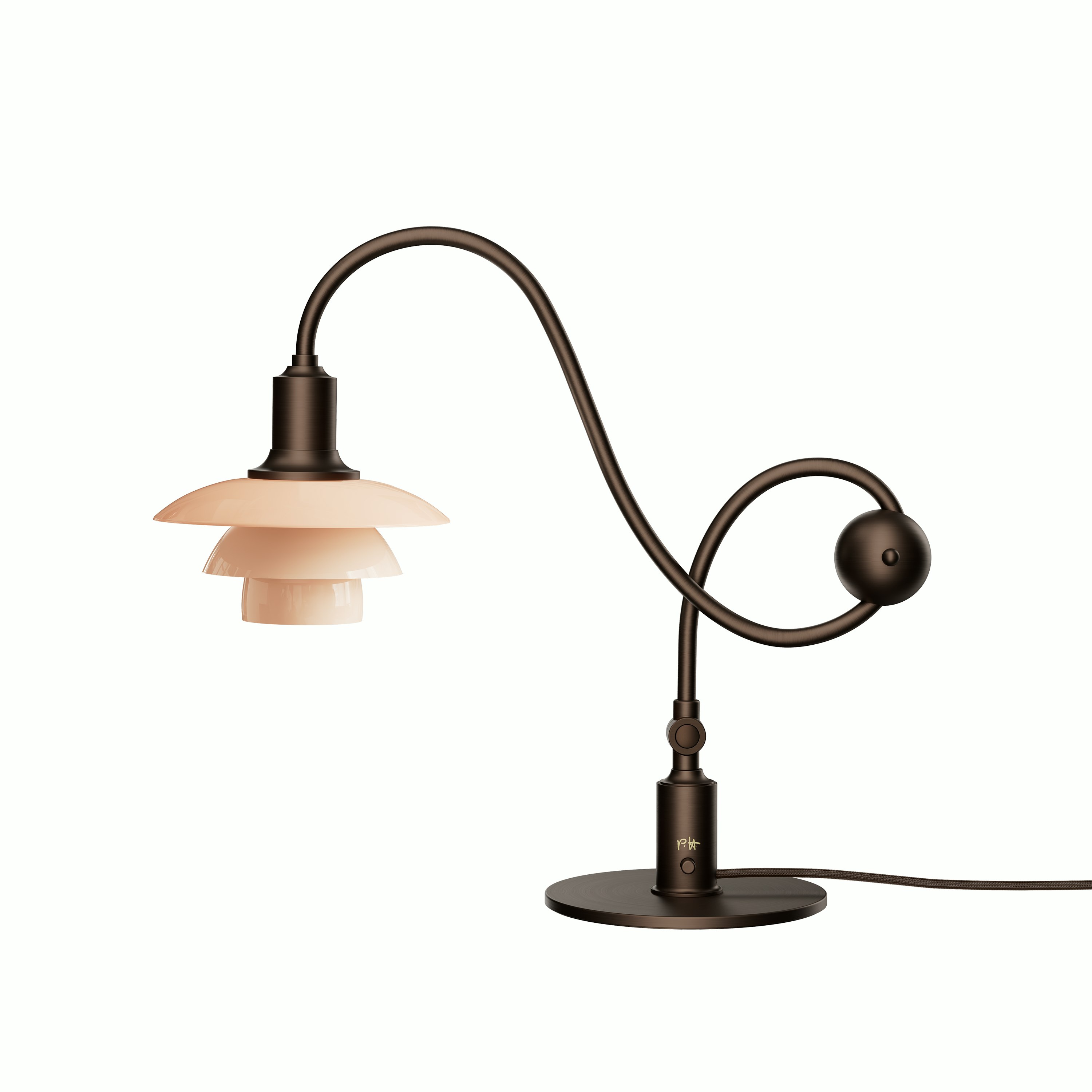 A PH Piano Lamp in Terracotta/Brass viewed from the front.