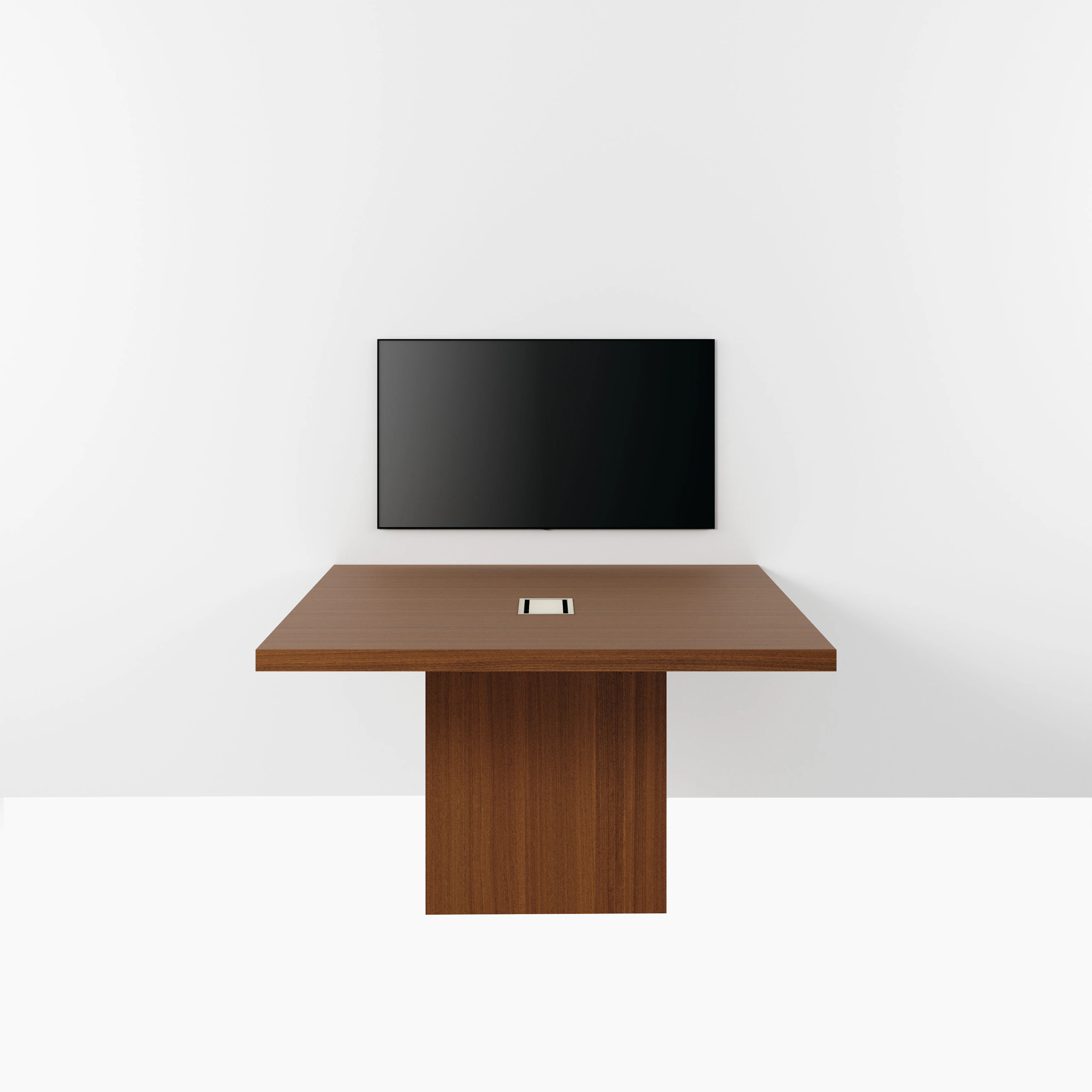 JD Media Table in Natural Quarter Cut Walnut with a 2 inch thick top viewed from the front.