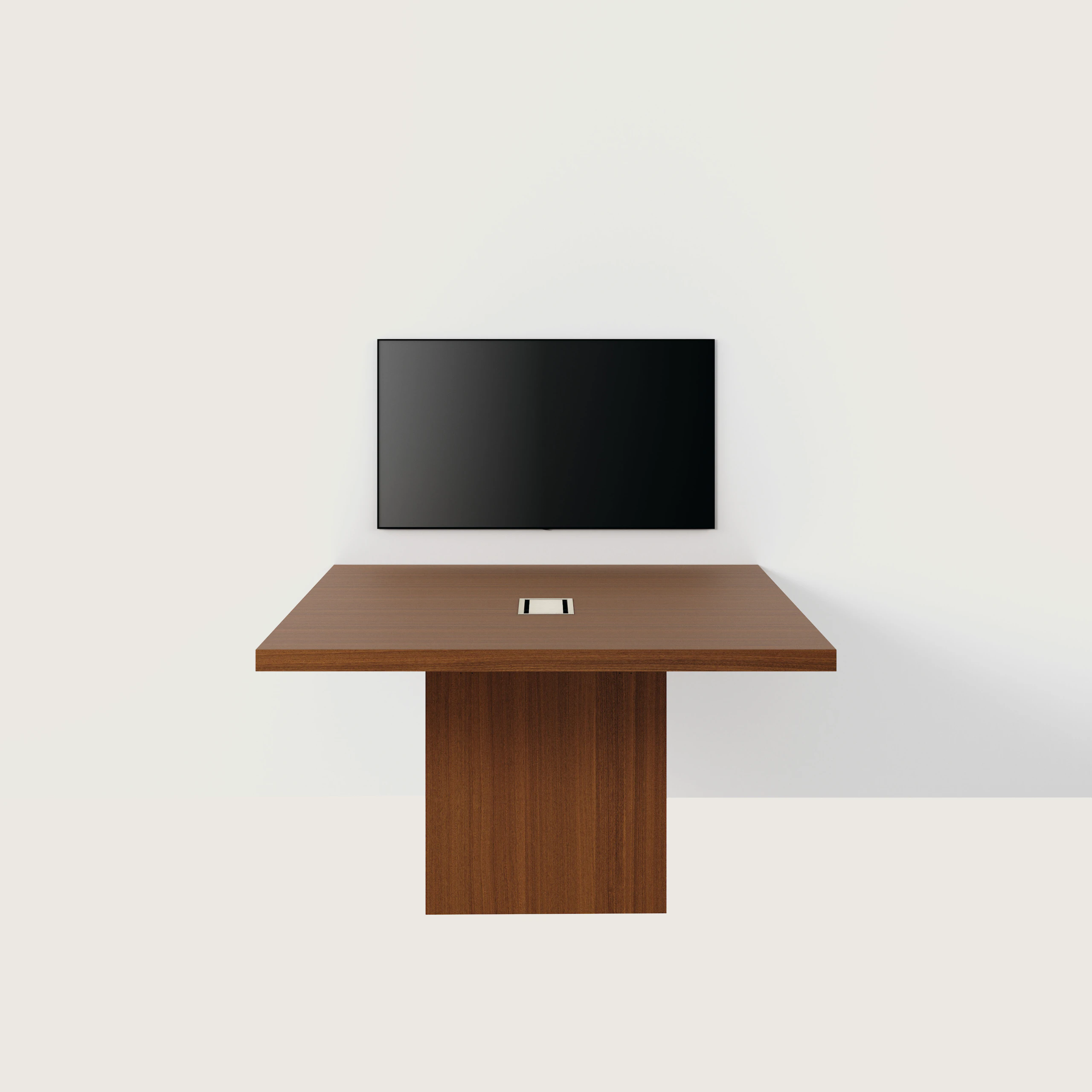 JD Media Table and Wall in Natural Rift Cut Oak with a 1 and a 1/4 inch thick top viewed from the side.