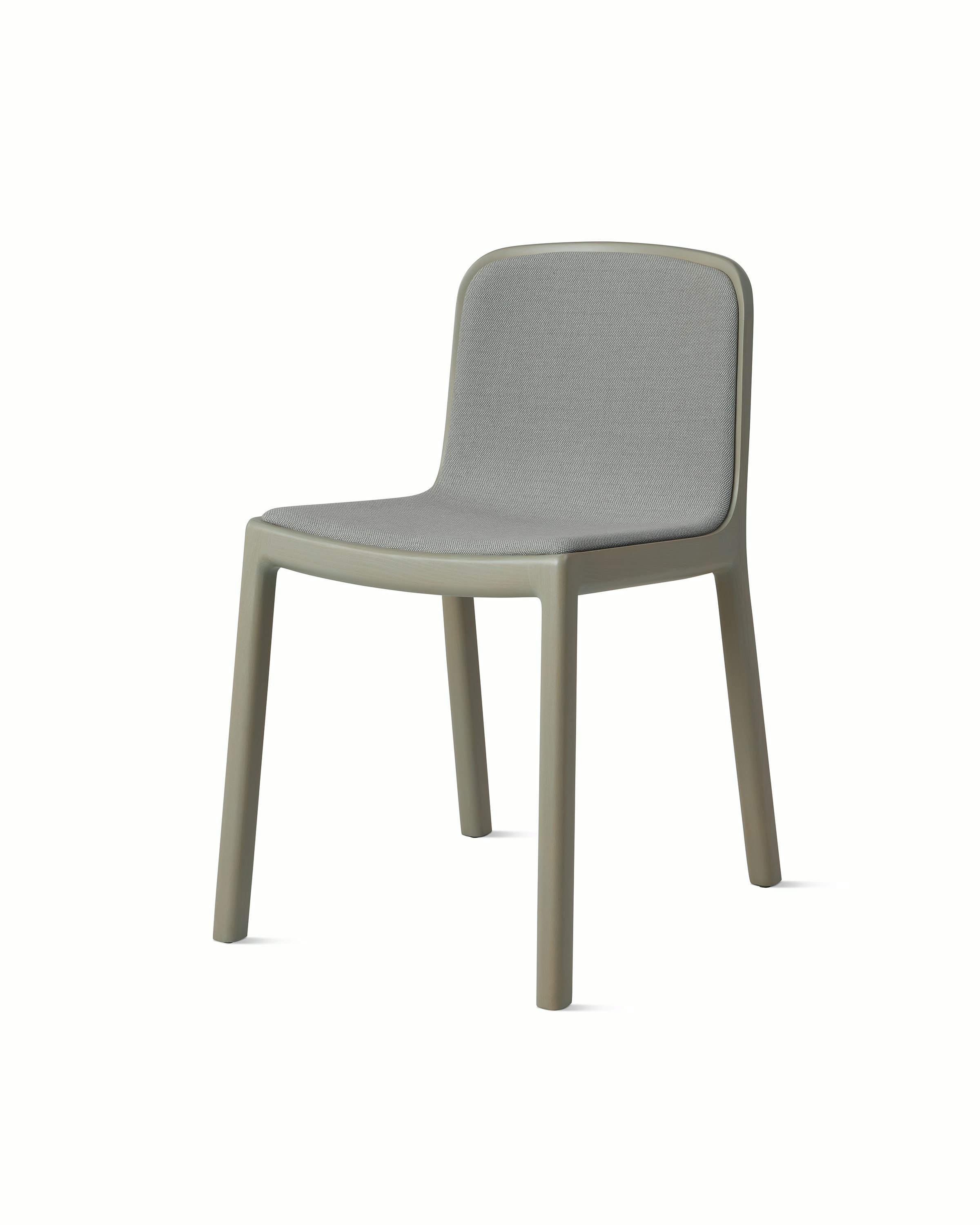 Lijn Side Chair by Carole Baijings for Geiger in Pumice frame upholstered with Maharam Rowan in Daydream, angled front view on a white sweep.