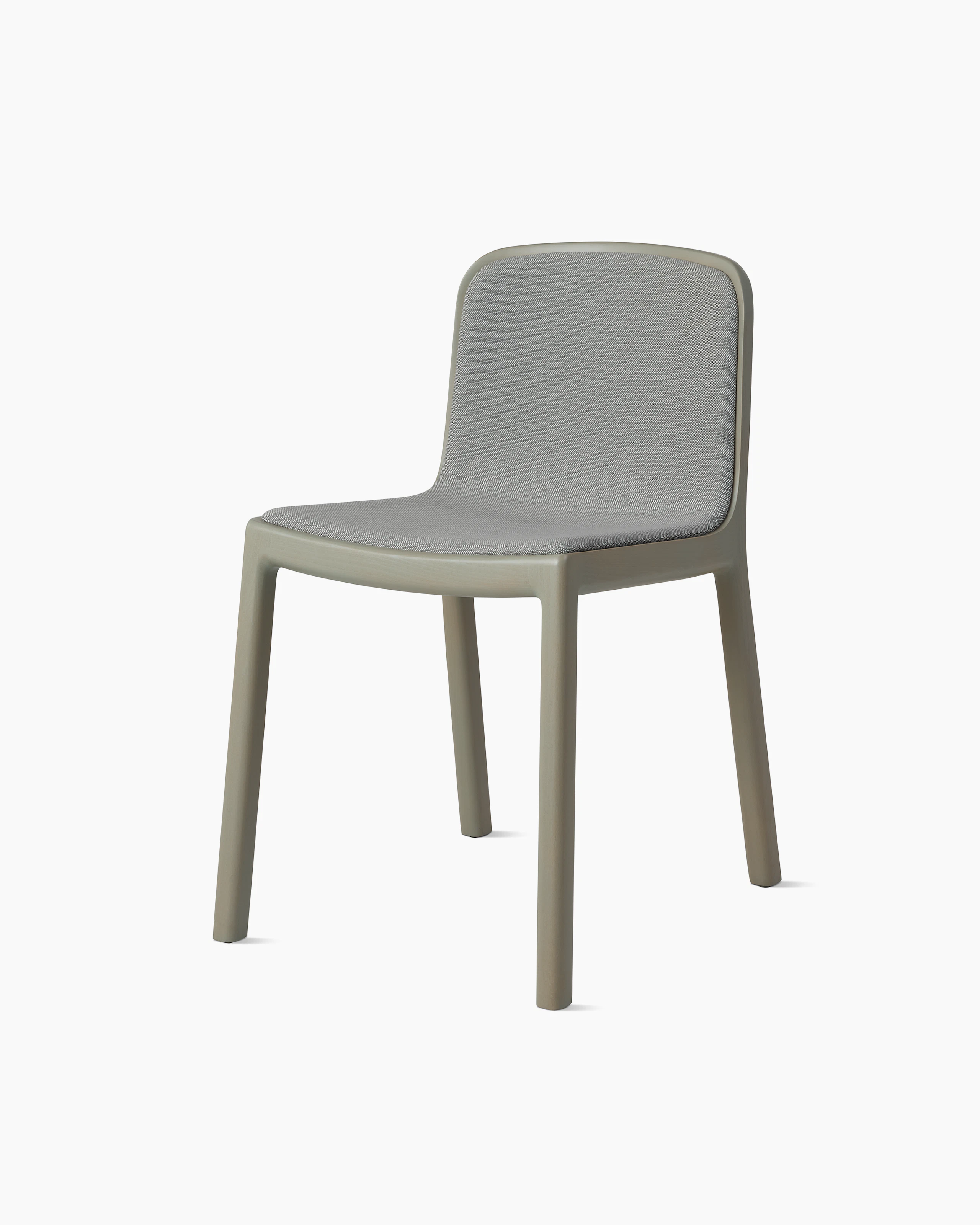 Lijn Side Chair by Carole Baijings for Geiger in Pumice frame upholstered with Maharam Rowan in Daydream, angled front view on a white sweep.