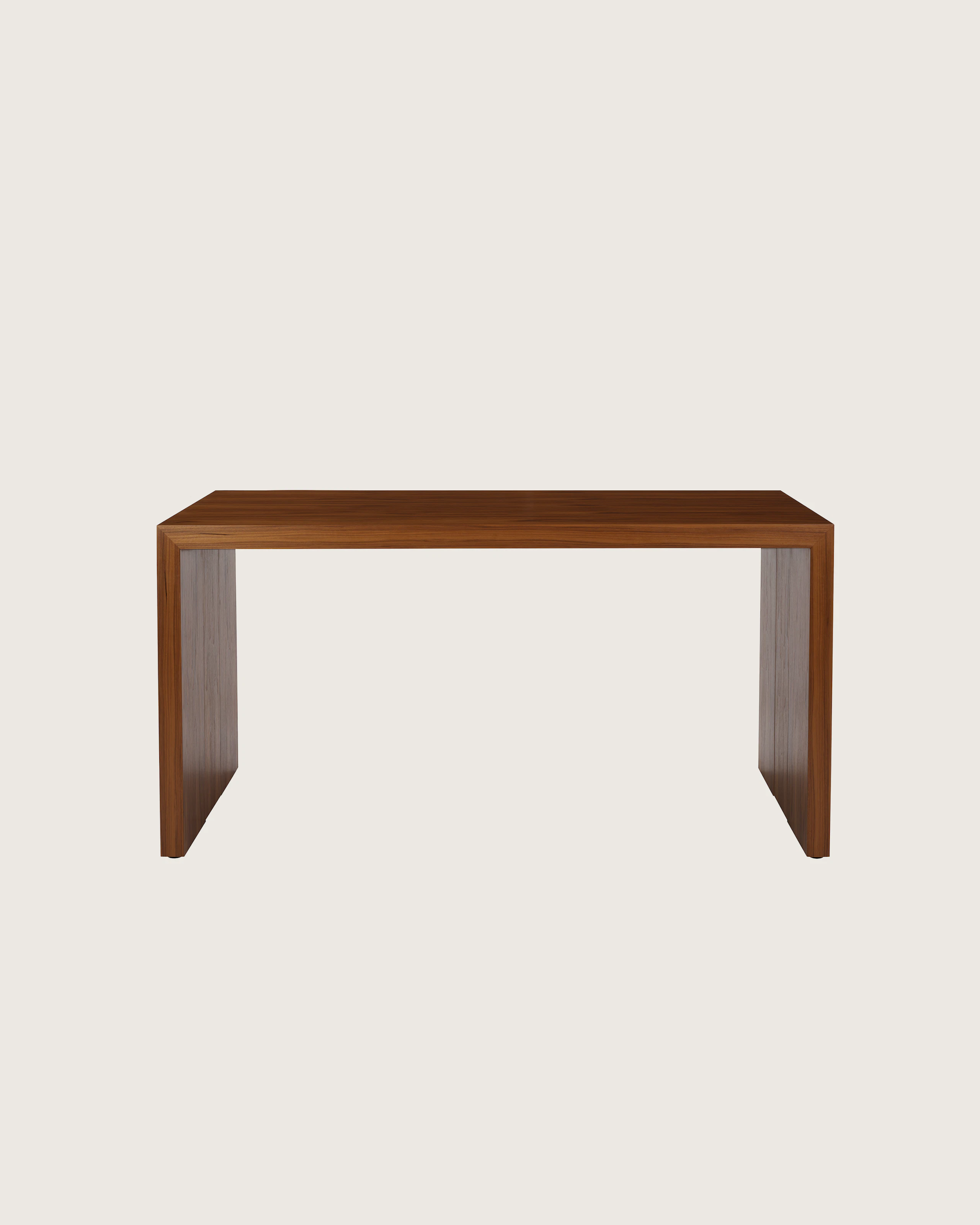 JD Waterfall Table in Walnut bar height, front view.