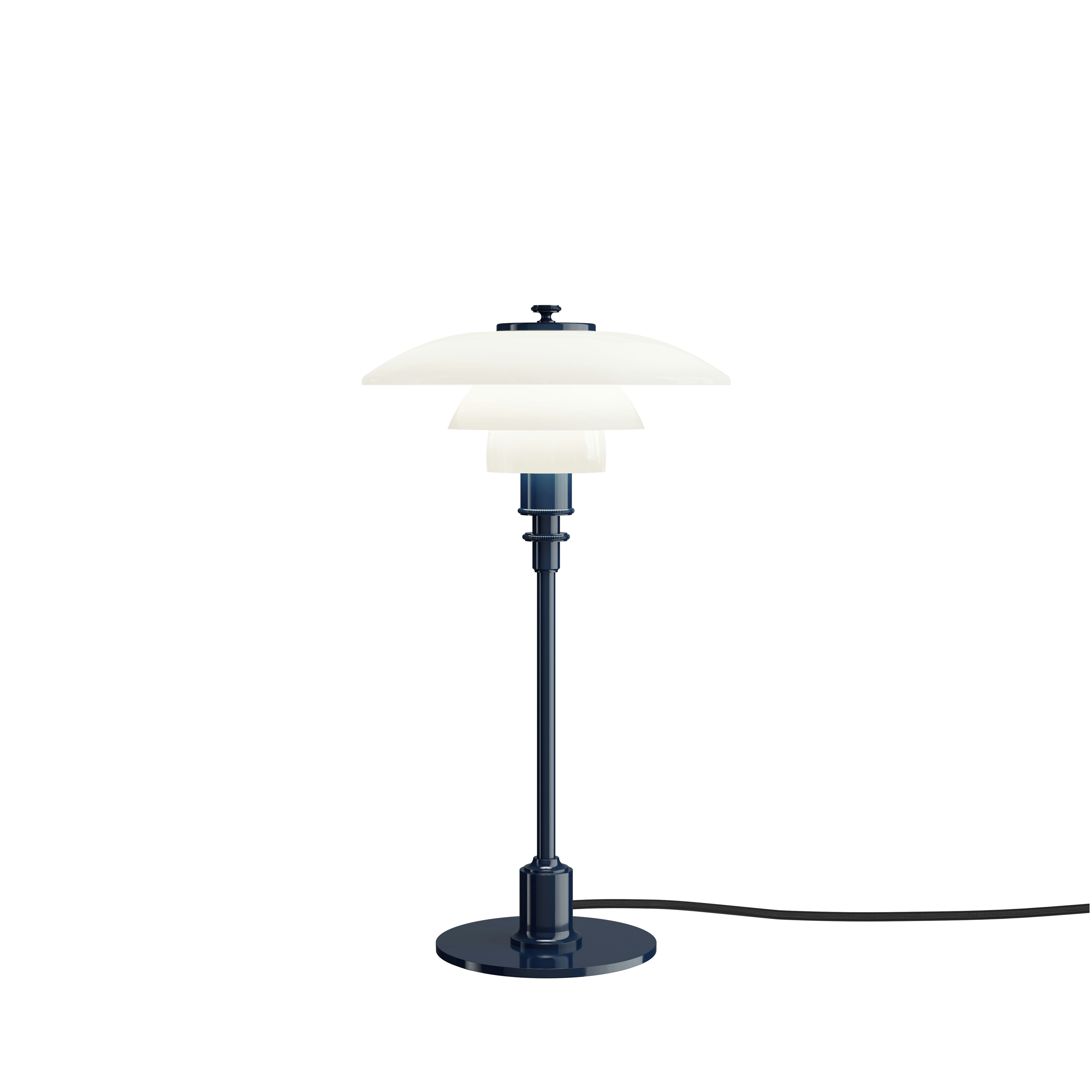 A PH 2/1 Table Lamp in Opal / Glossy Deep Blue viewed from the front.
