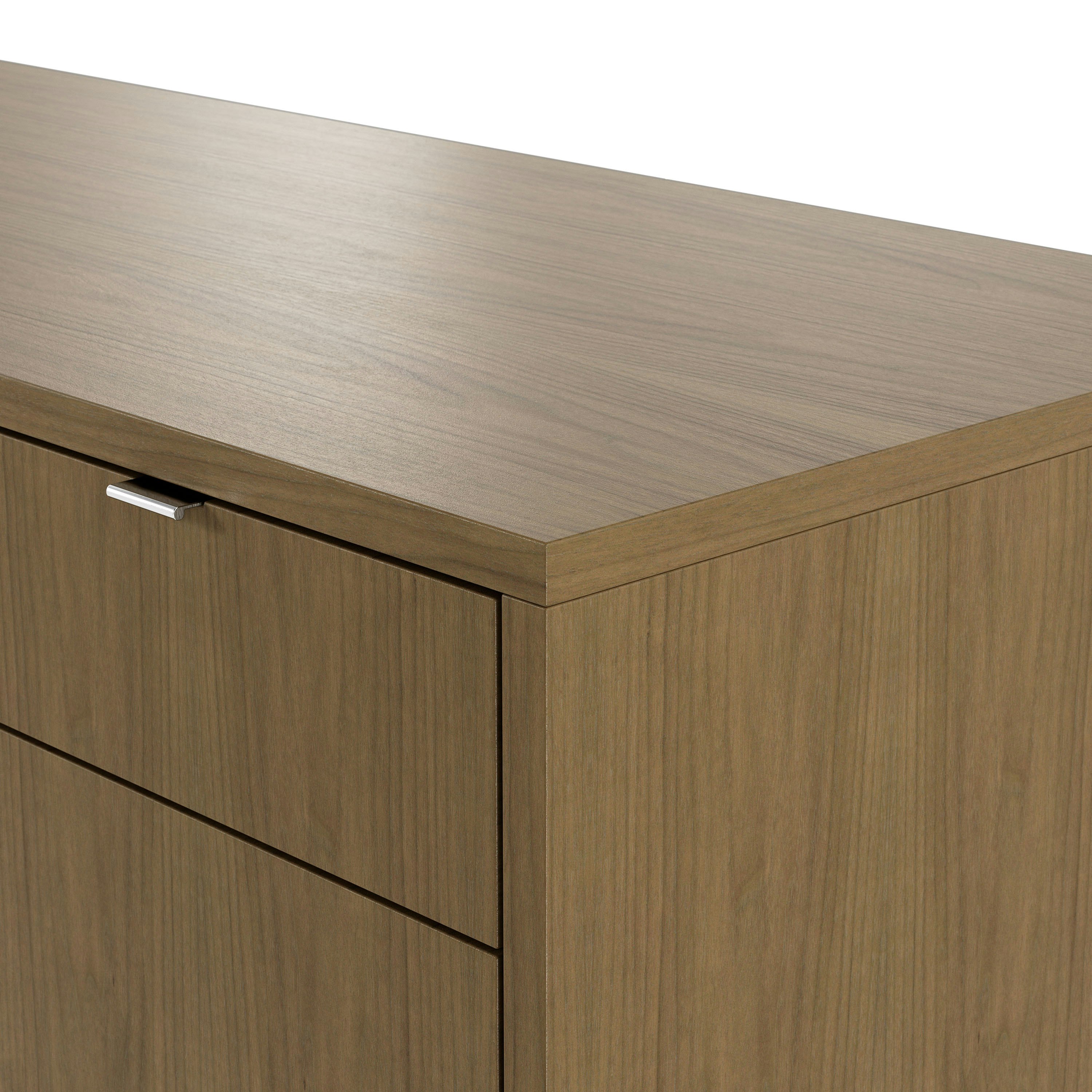 Edge detail shot of Highline Twenty Five Credenza in Natural Flat Cut Walnut with Polished Chrome drawer pulls.