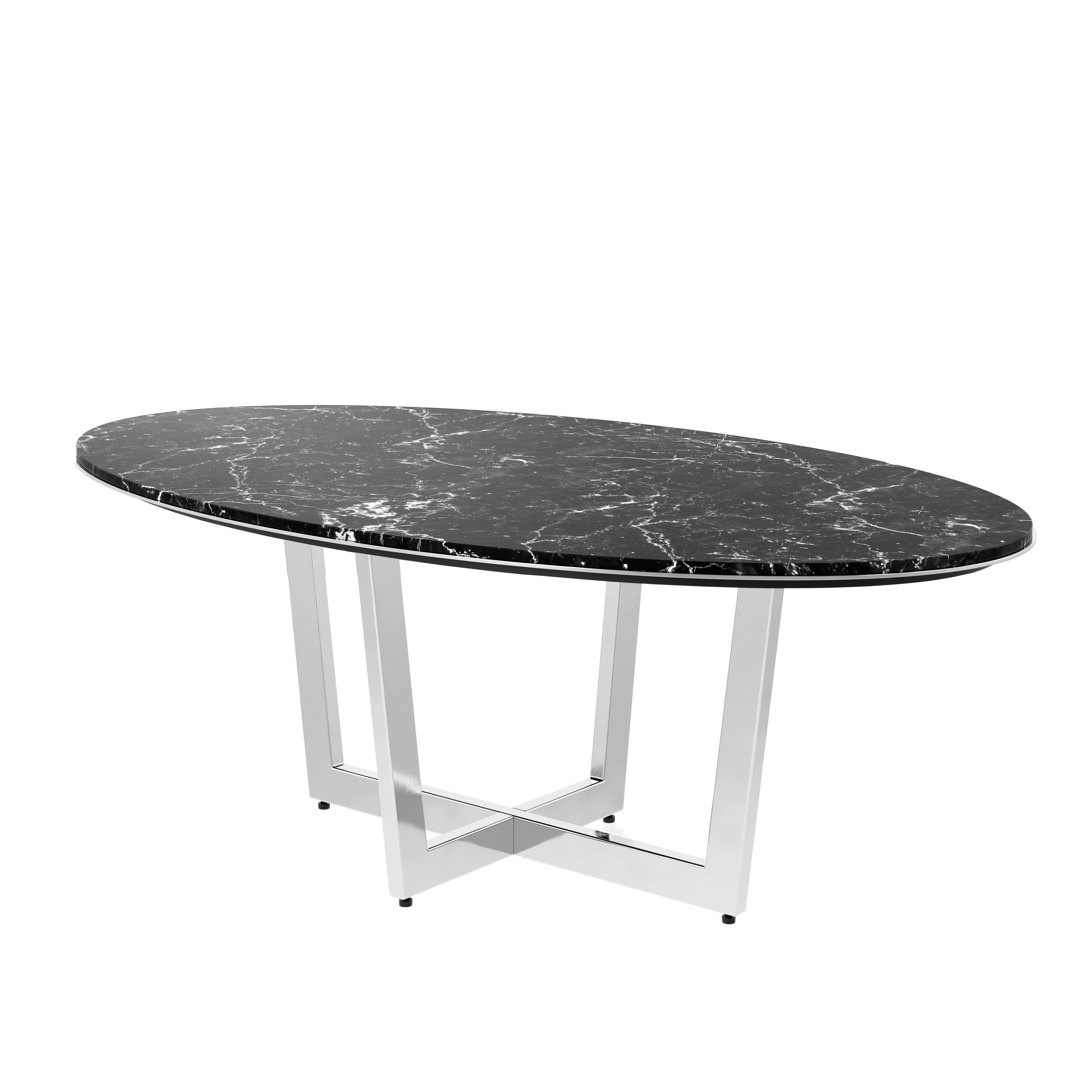 Elliptical-shaped Highline Meeting Table in Nero Marquina Honed Marble with a Polished Chrome base viewed from a 45 degree angle.