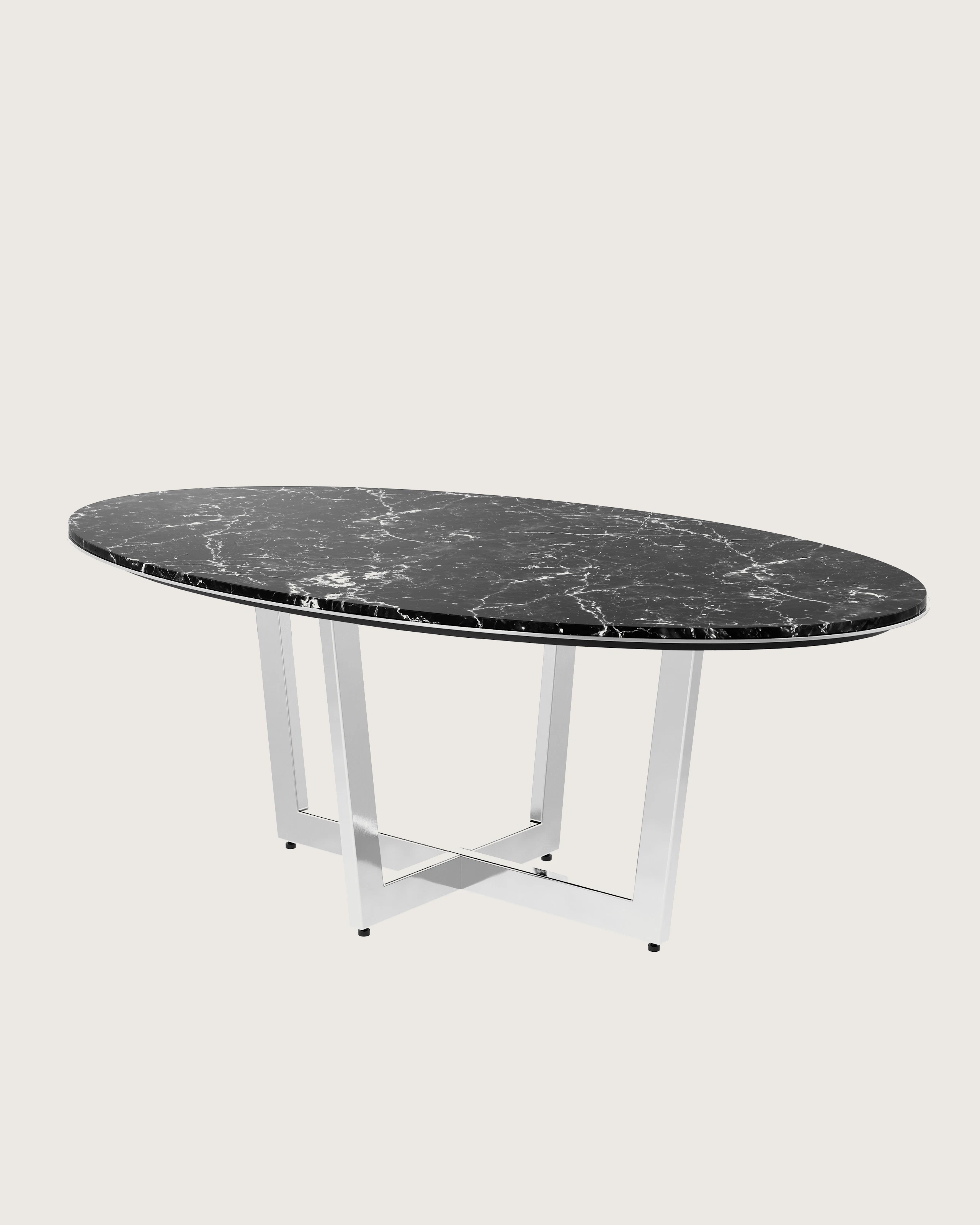 Elliptical-shaped Highline Meeting Table in Nero Marquina Honed Marble with a Polished Chrome base viewed from a 45 degree angle.
