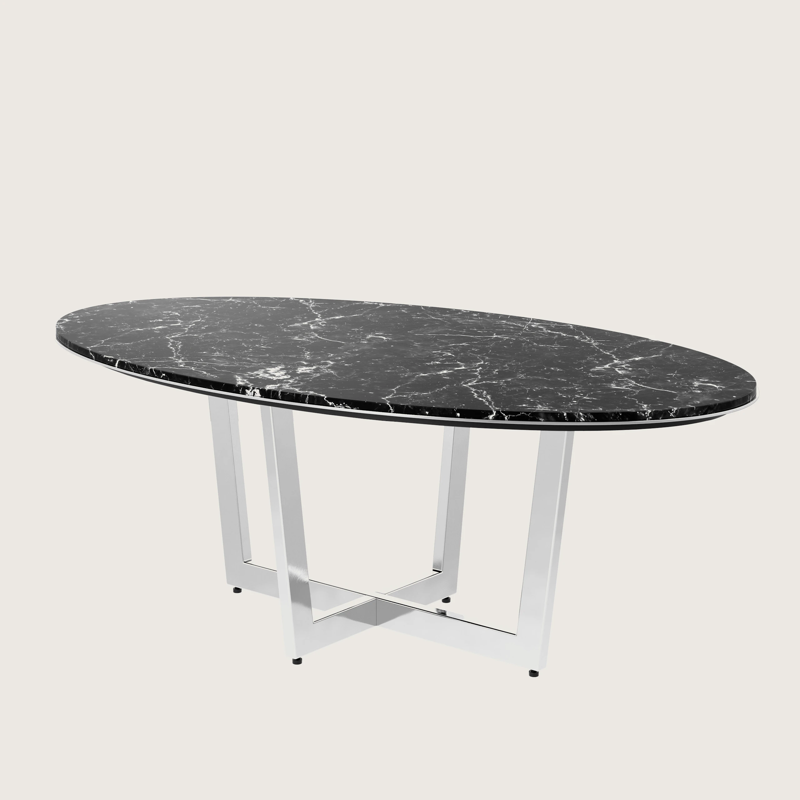 Elliptical-shaped Highline Meeting Table in Nero Marquina Honed Marble with a Polished Chrome base viewed from a 45 degree angle.