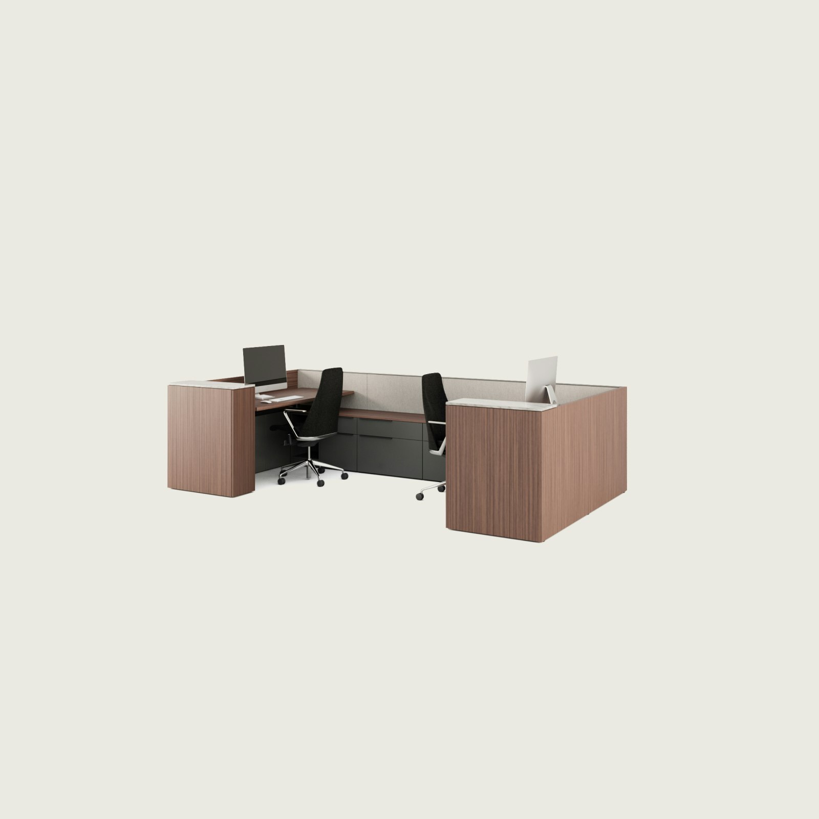 An admin workstation featuring Geiger One Casegoods and Taper Chairs.