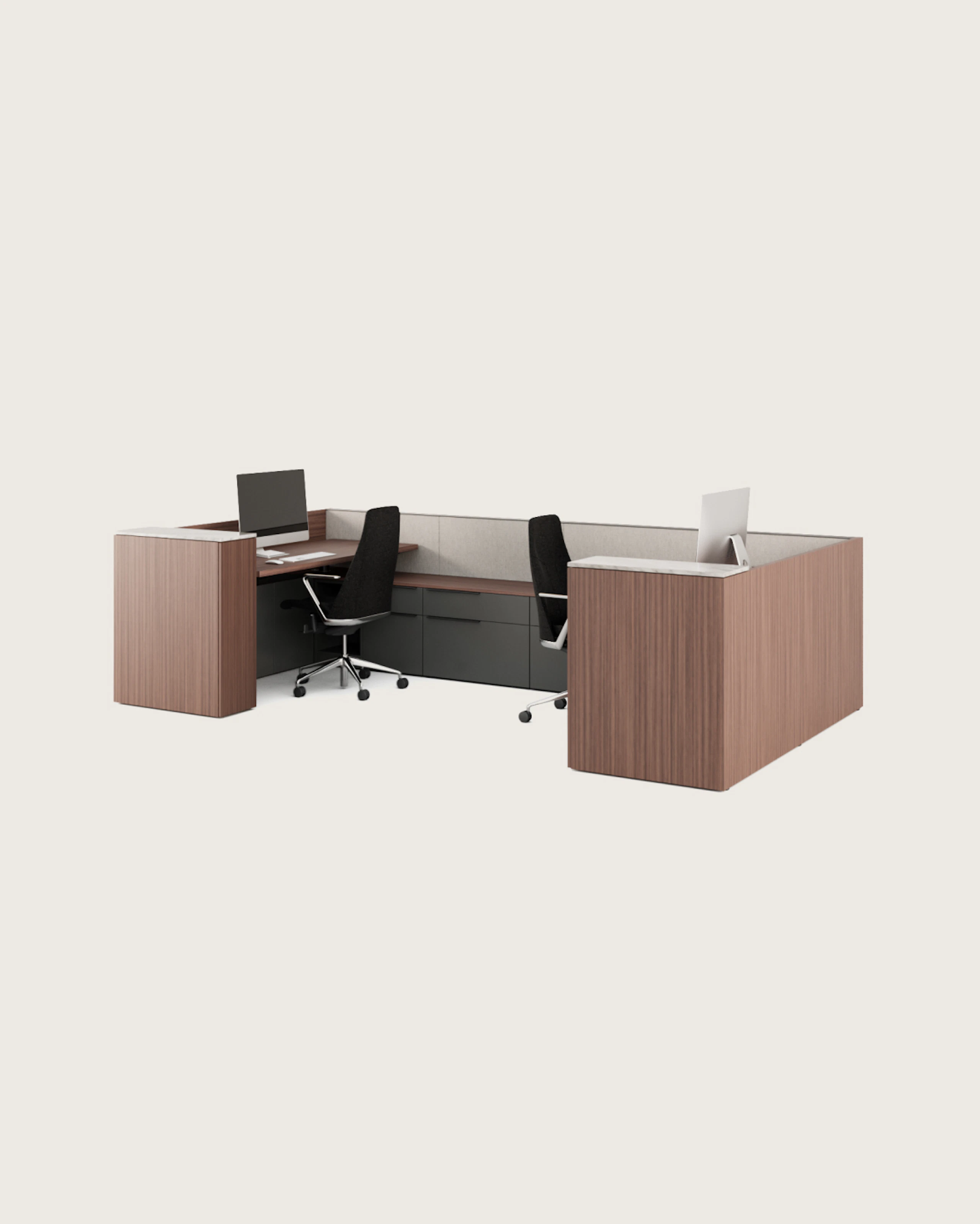 An admin workstation featuring Geiger One Casegoods and Taper Chairs.