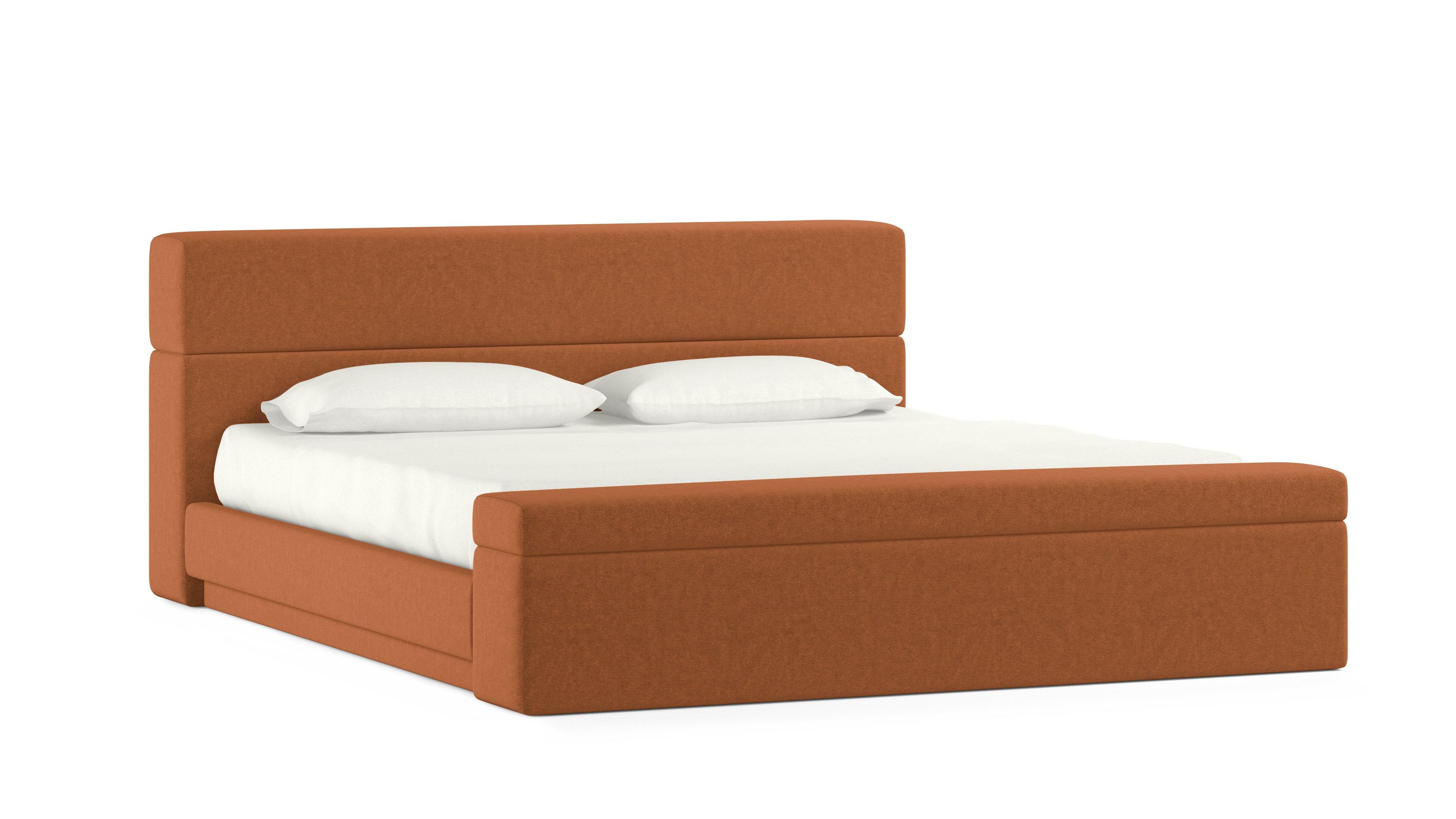 A Corbel Bed - Queen, Footboard Storage Only, Crypton Sintra Velvet, Clay viewed from an angle.