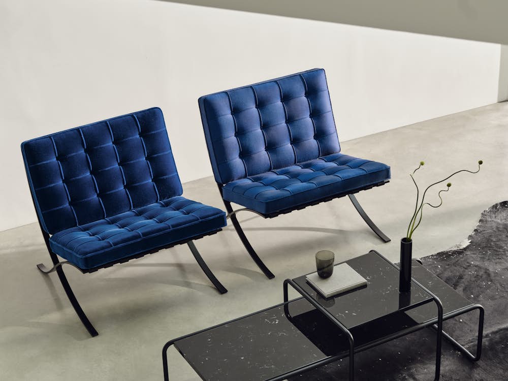 Barcelona Chairs in Orbit Velvet and Navy Fancy Twill and Black